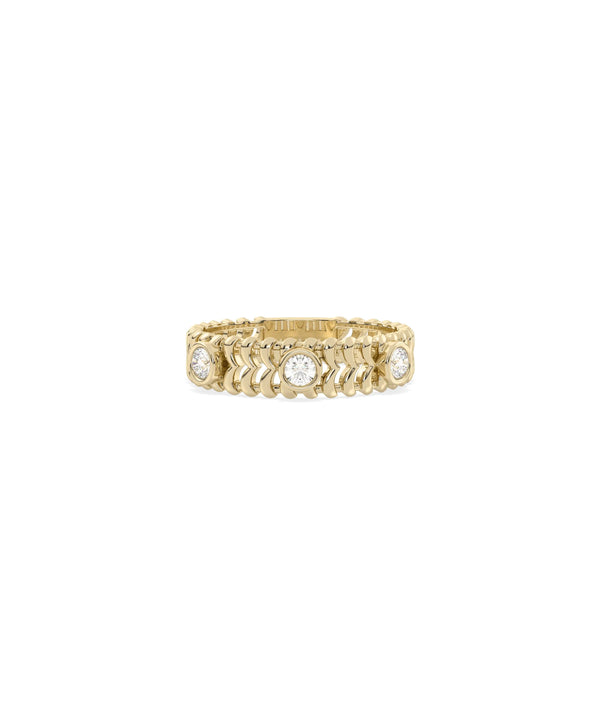 Diamond Bezel Station and Gold Chevron Band Ring yellow gold showcasing V-shaped pattern