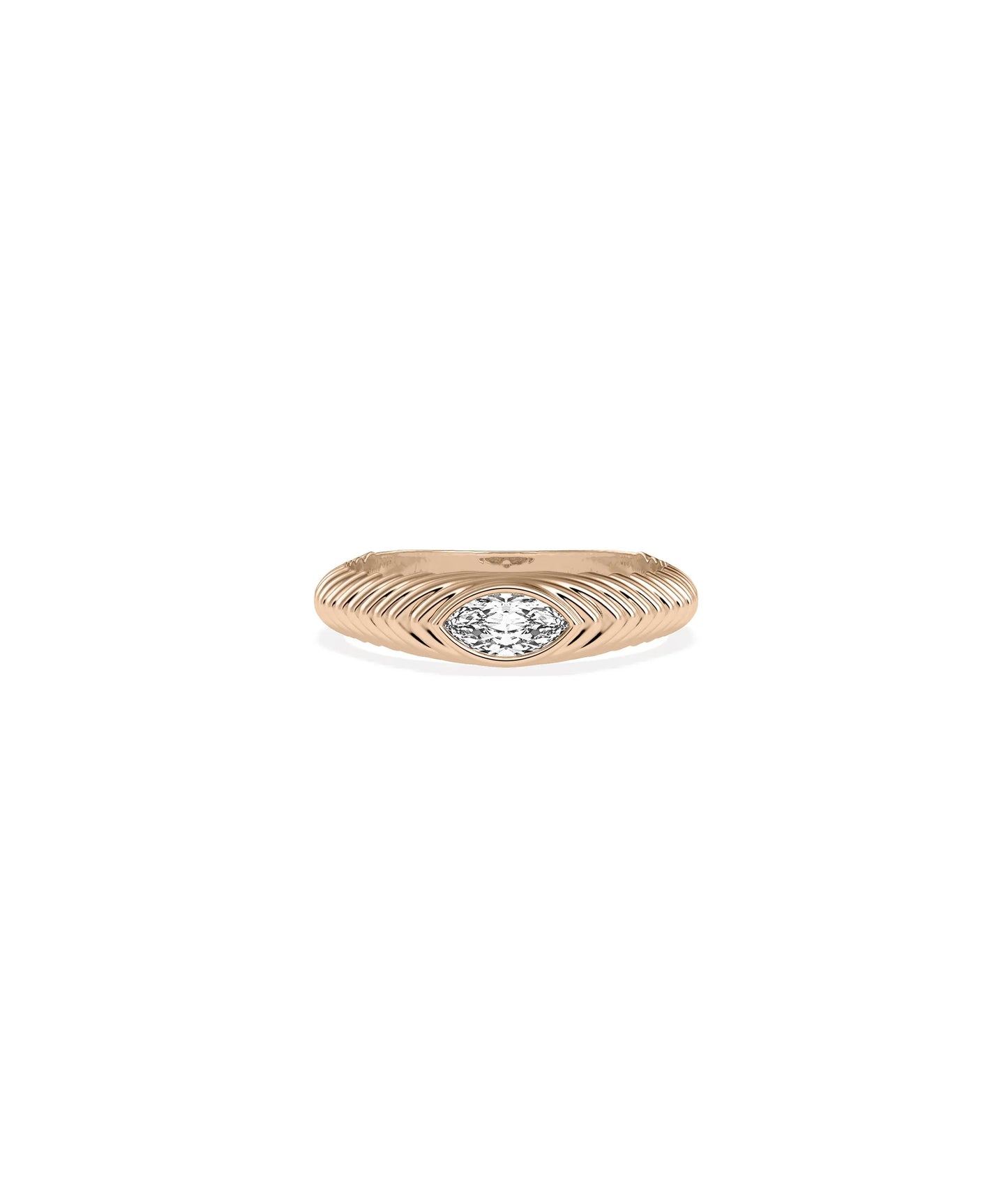 Rose gold fluted band ring featuring marquise diamonds and architectural steps