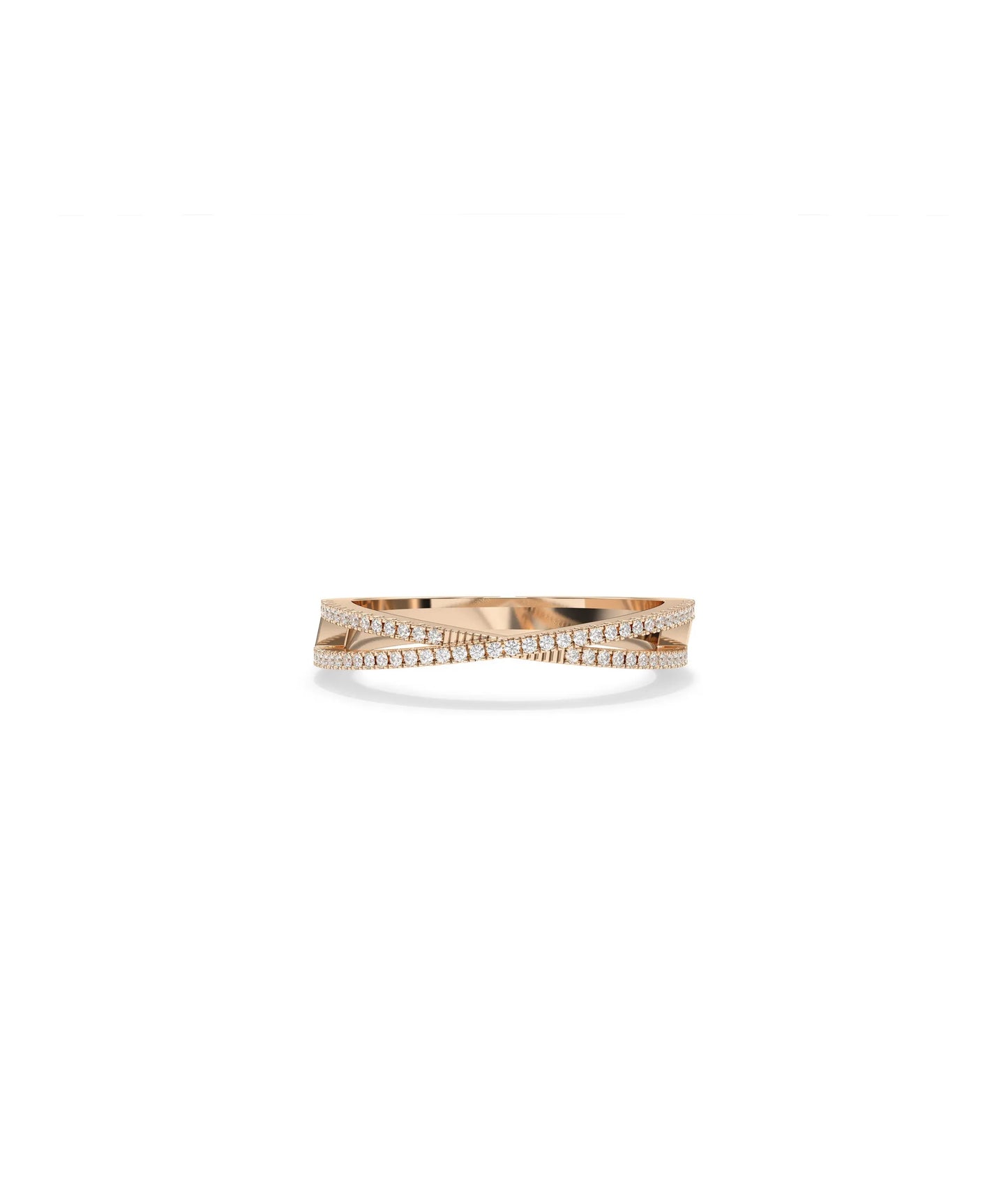 Rose gold criss cross ring featuring intersecting pave diamond bands