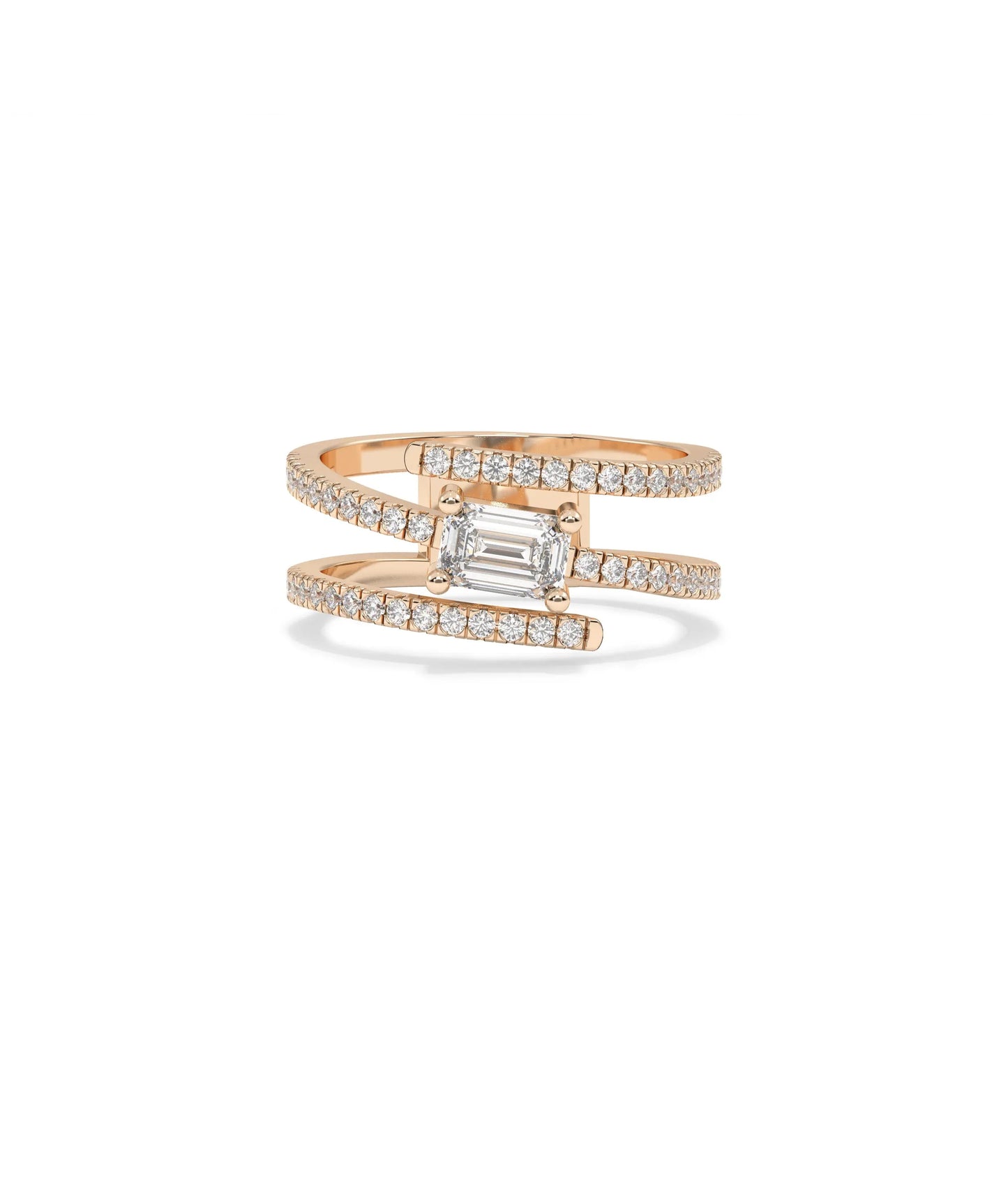 Rose gold solitaire swirl ring with center diamond and accent stone detail
