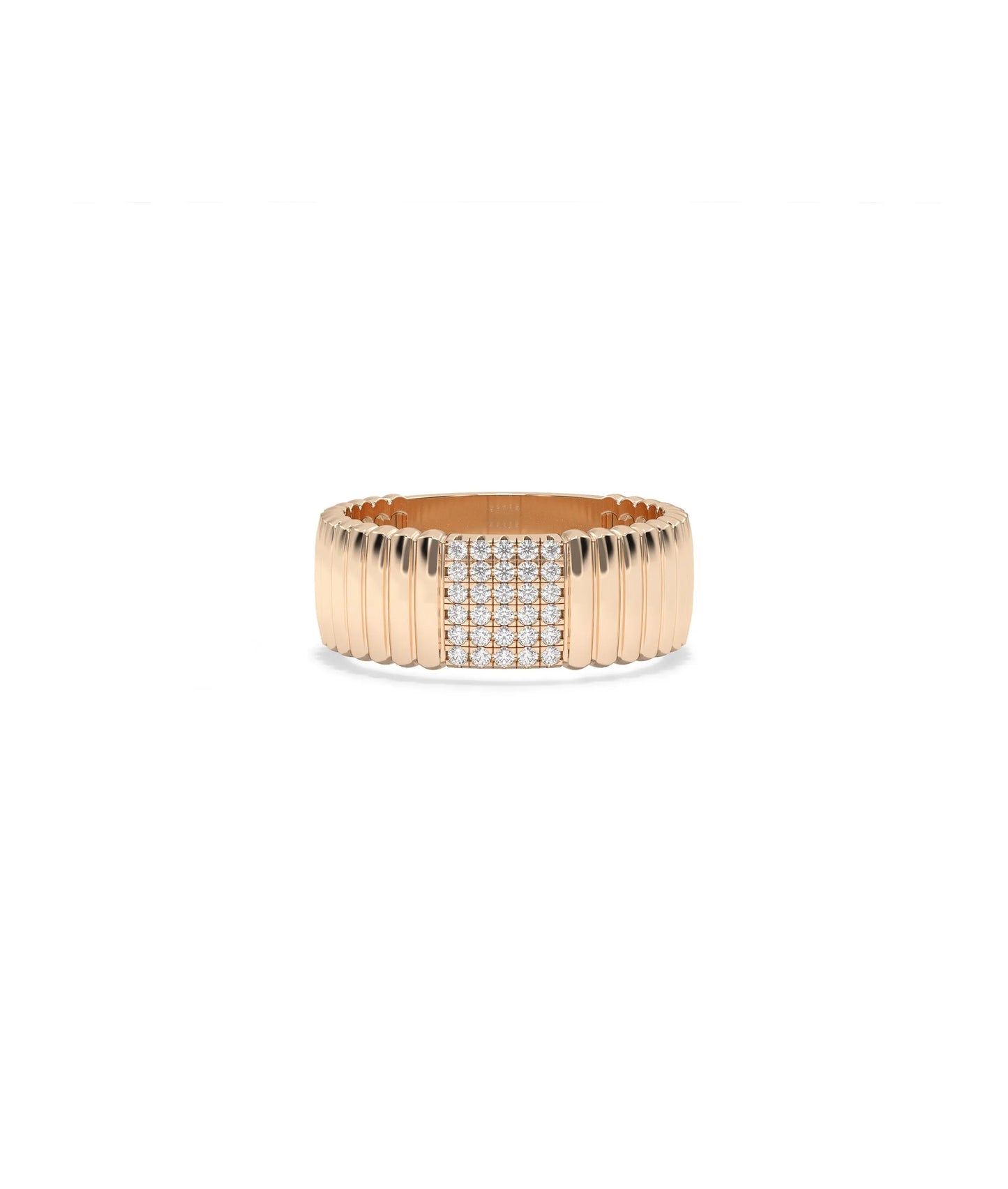 Rose gold wide band ring featuring cluster diamonds and intricate fluted texture