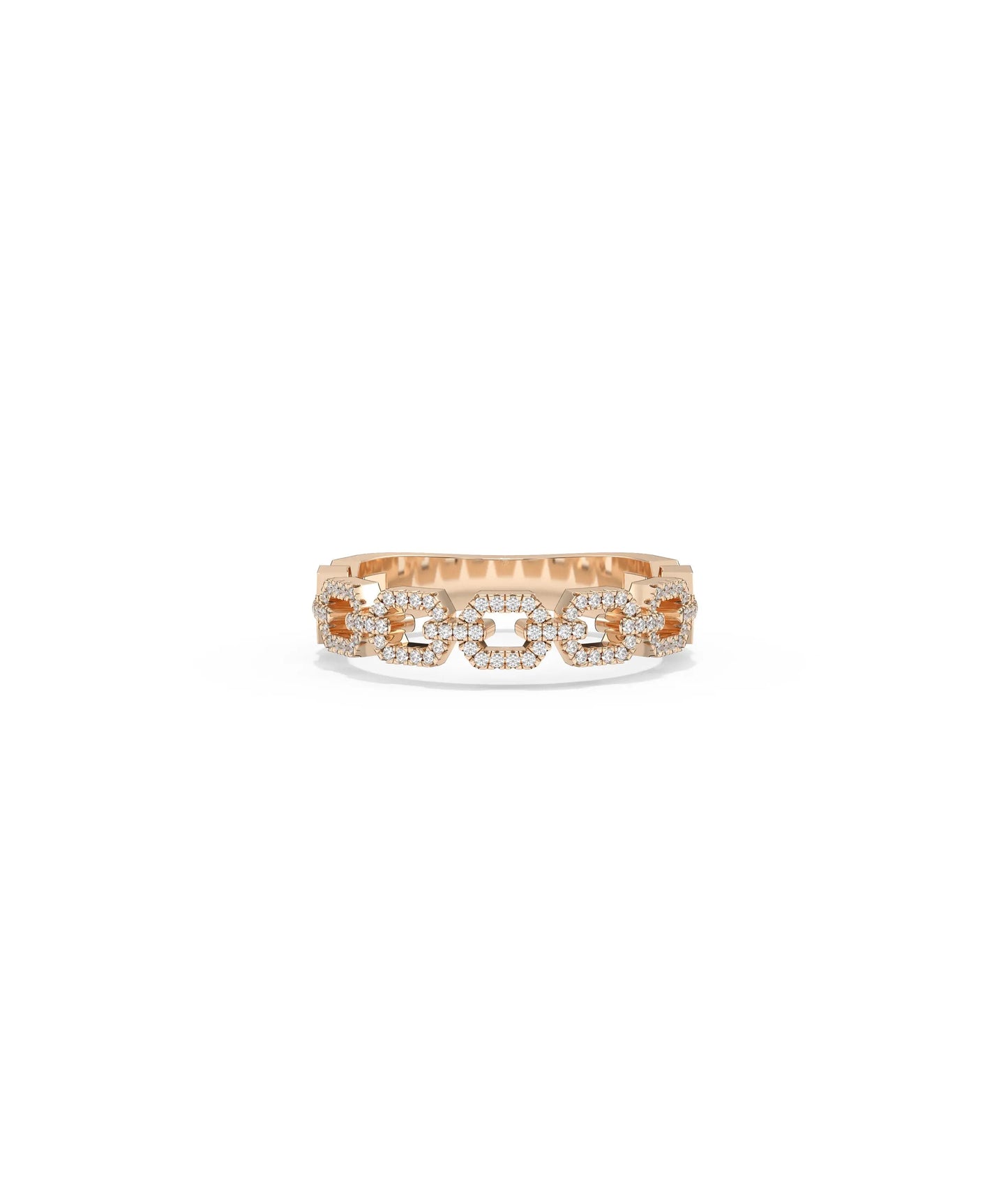 Rose gold link ring featuring intricate chain motif with pave diamond accents