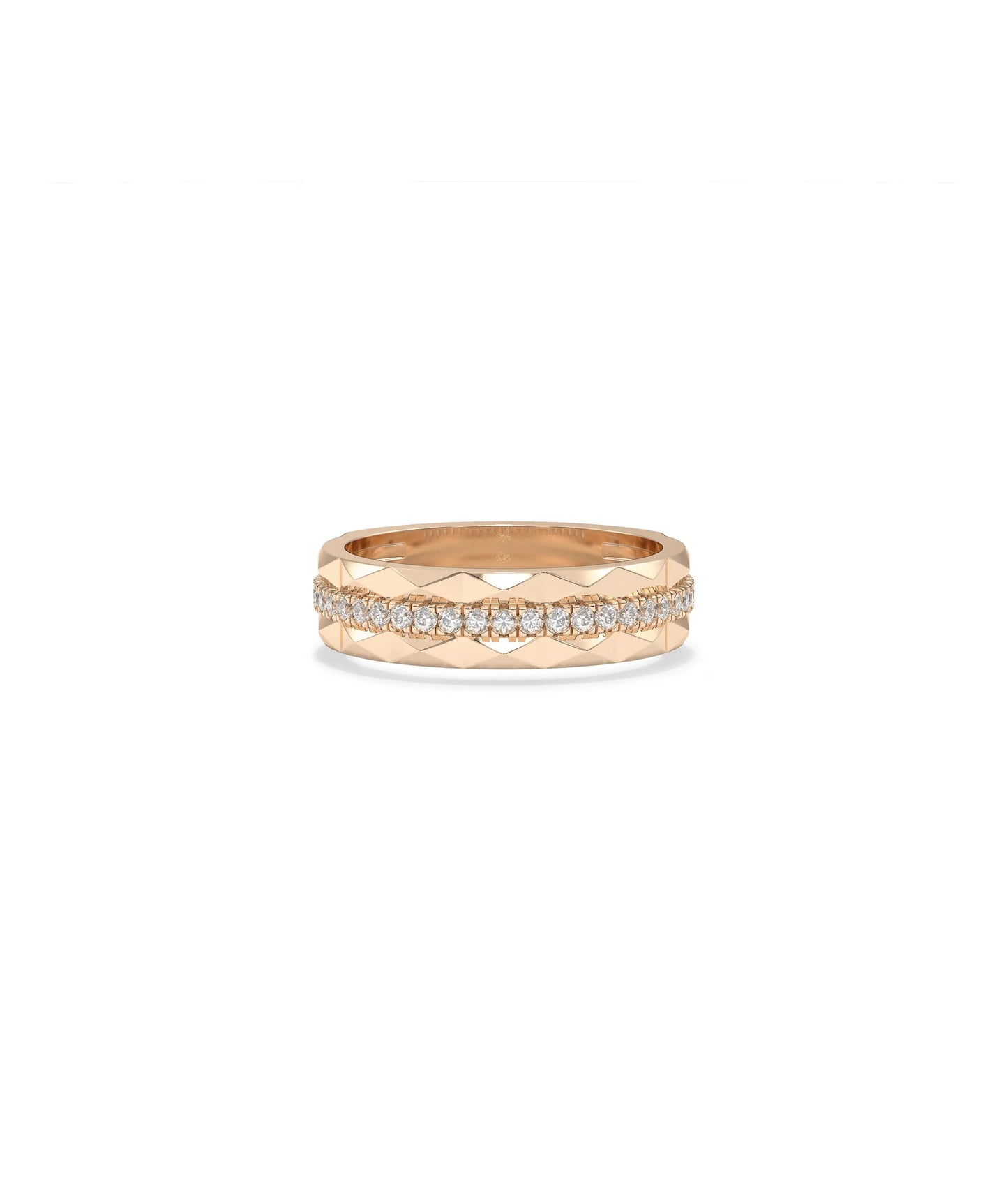 Rose gold faceted band ring featuring continuous diamond line accent