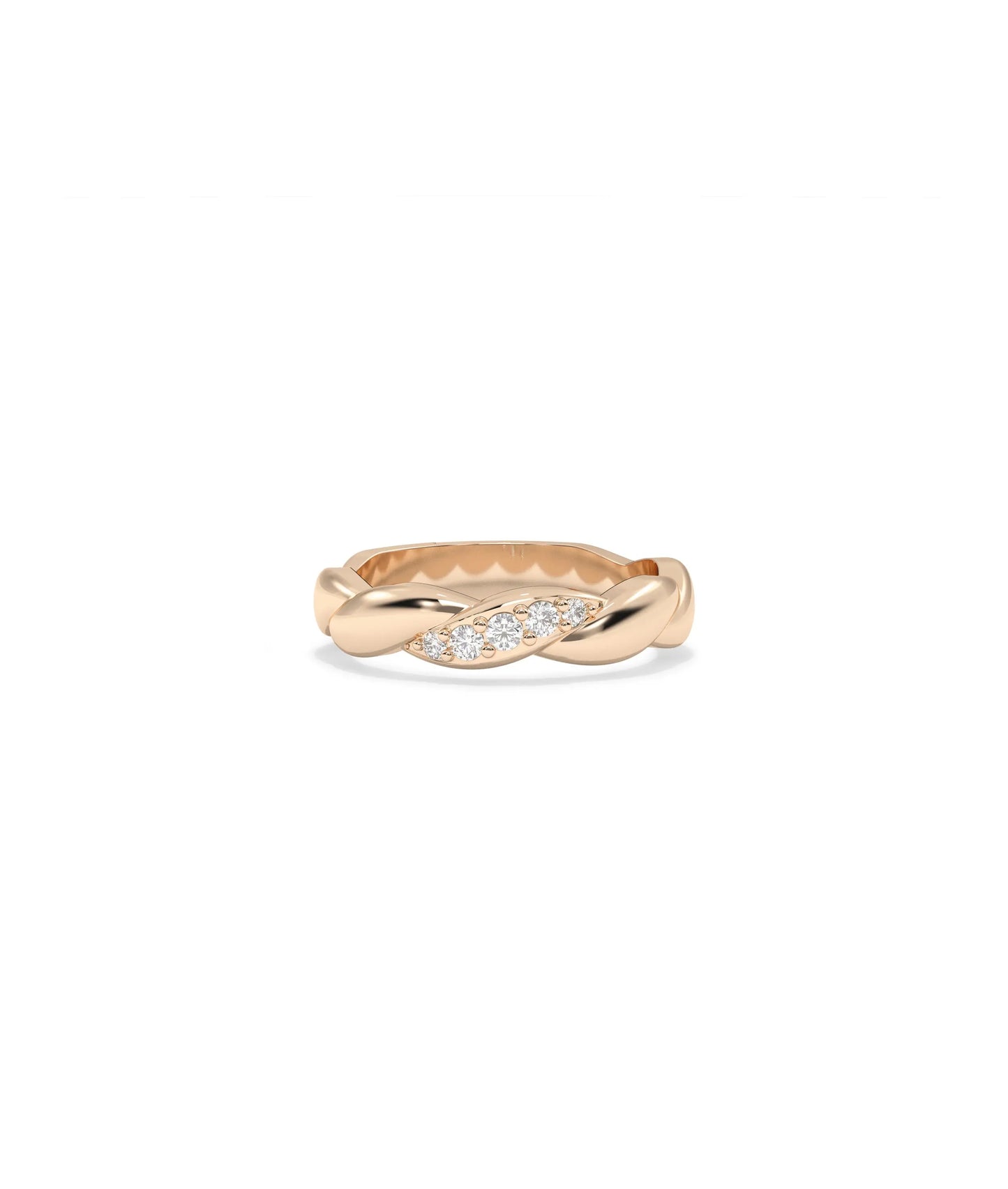 Rose gold twist ring featuring sculptural spiral design with diamond accents