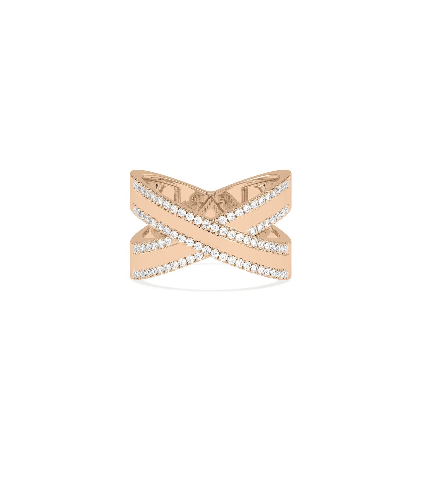 Rose gold criss cross ring featuring two intersecting lines of diamonds