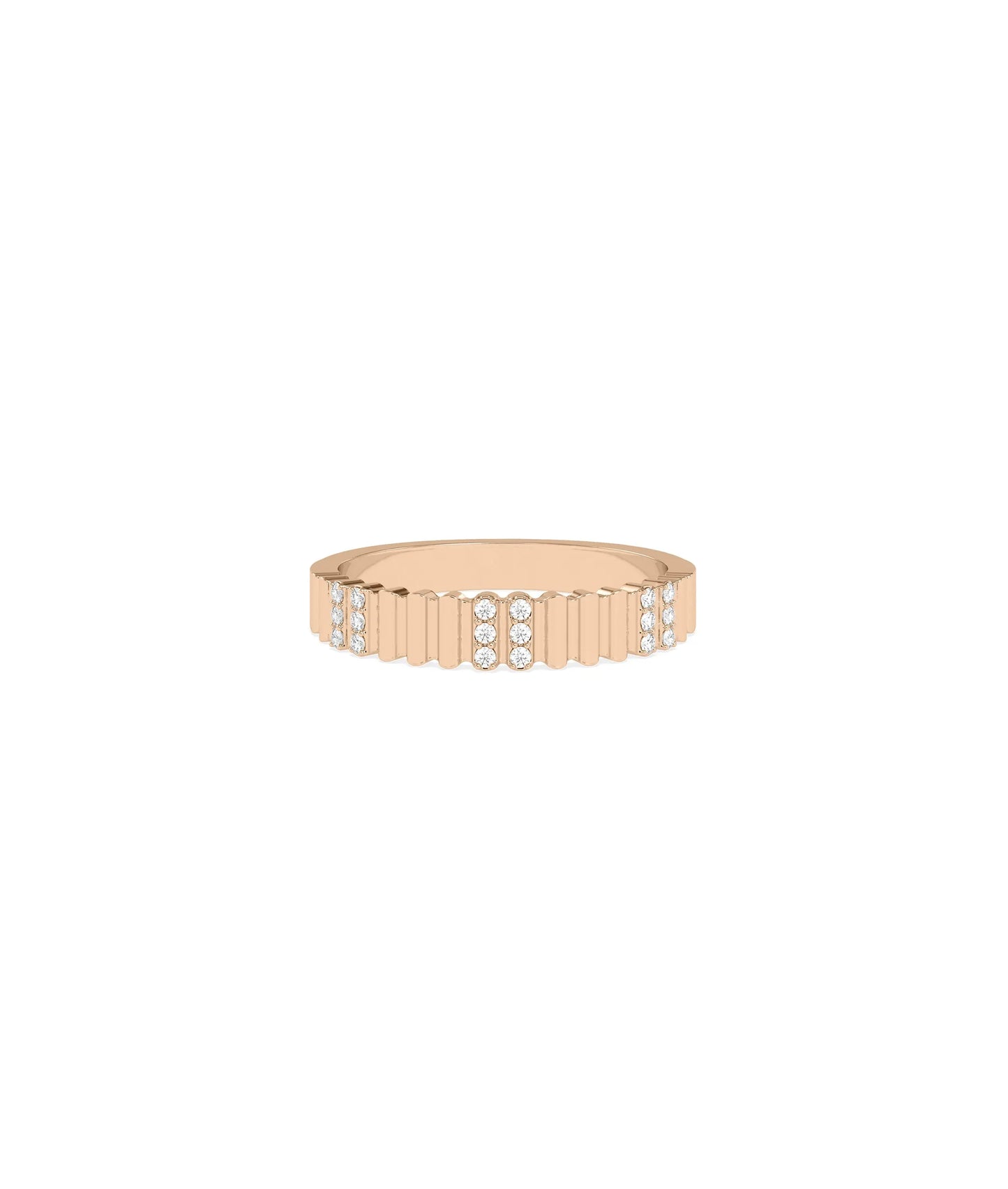 Rose gold fluted band ring featuring two row diamond cluster stations