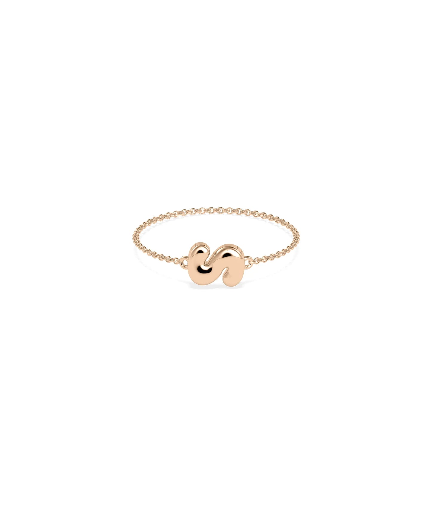 Custom Bubble Initial Cable Chain Ring rose gold with playful bubble lettering