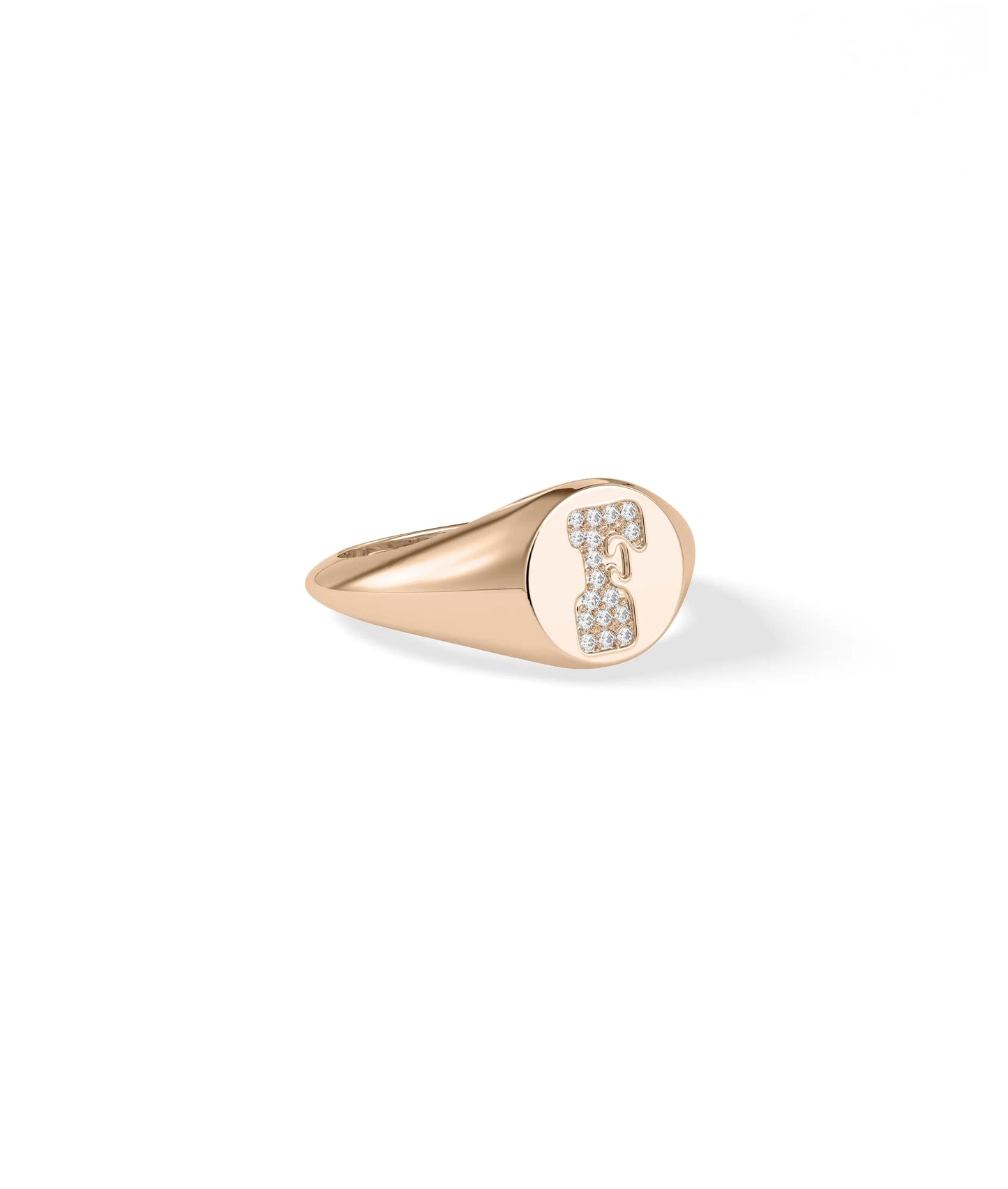 Profile shot of Custom Diamond Pave Initial Signet Ring showing signet height and dimension