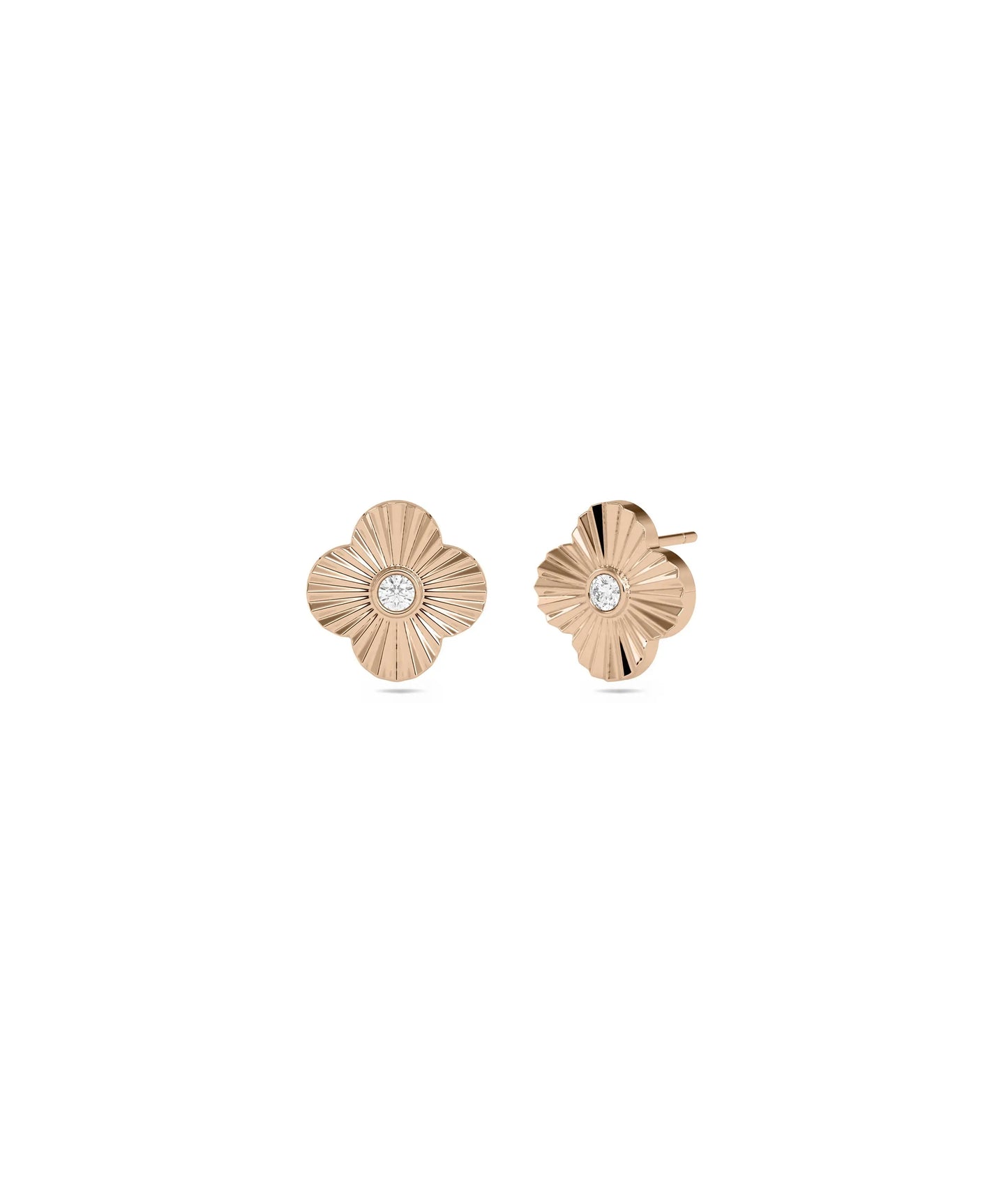 Rose gold clover studs featuring botanical design with dazzling center diamond