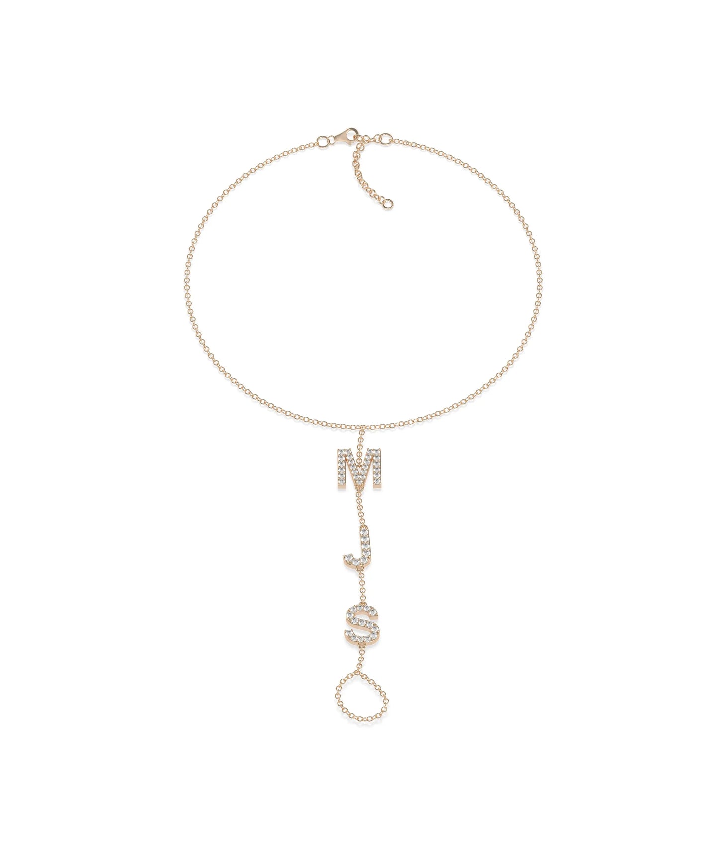 Rose gold Custom Diamond Initials Bracelet Ring with personalized letter hand chain