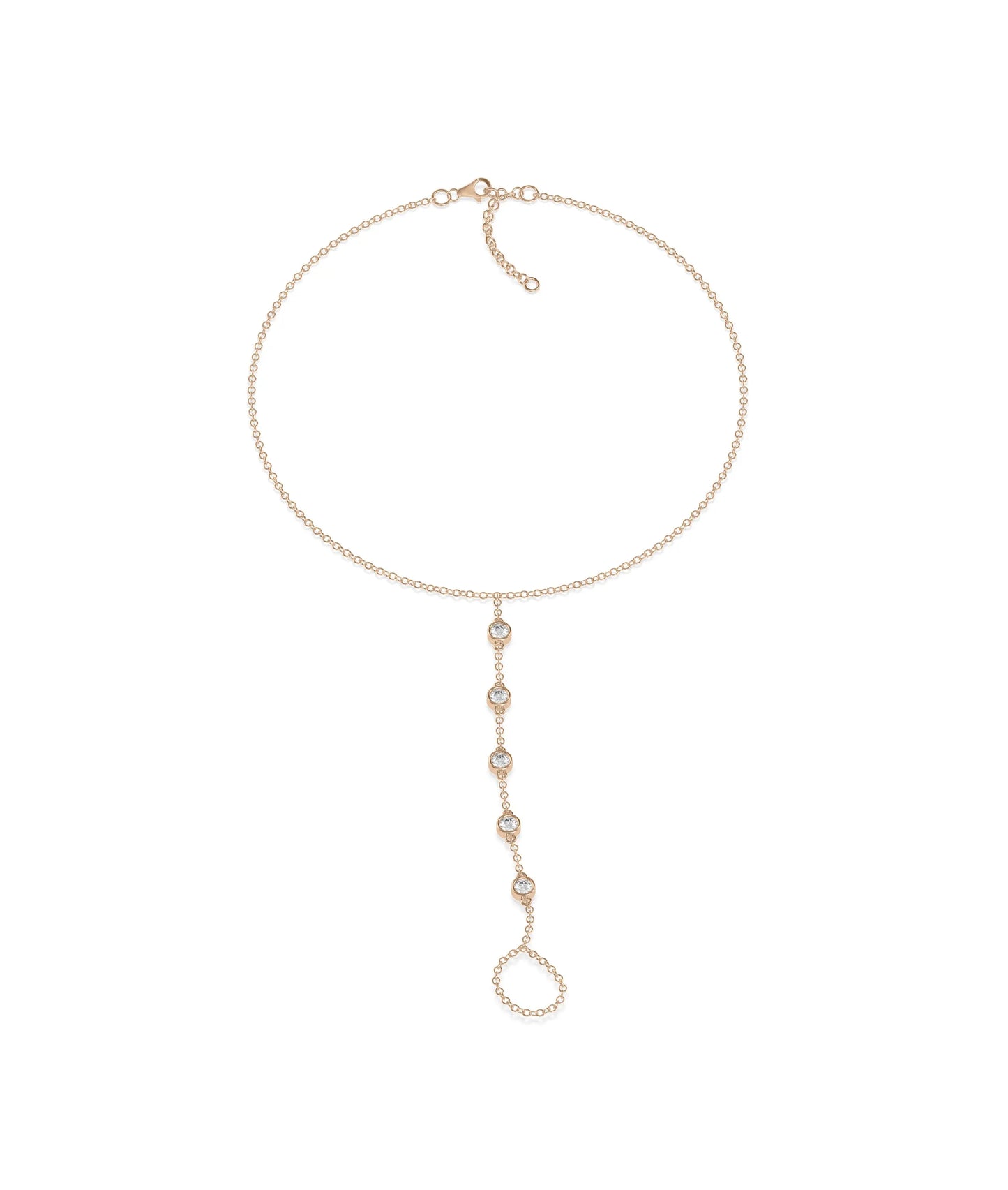 Rose gold 5 Diamond Bezel Bracelet Ring with five bezel-set diamonds on chains