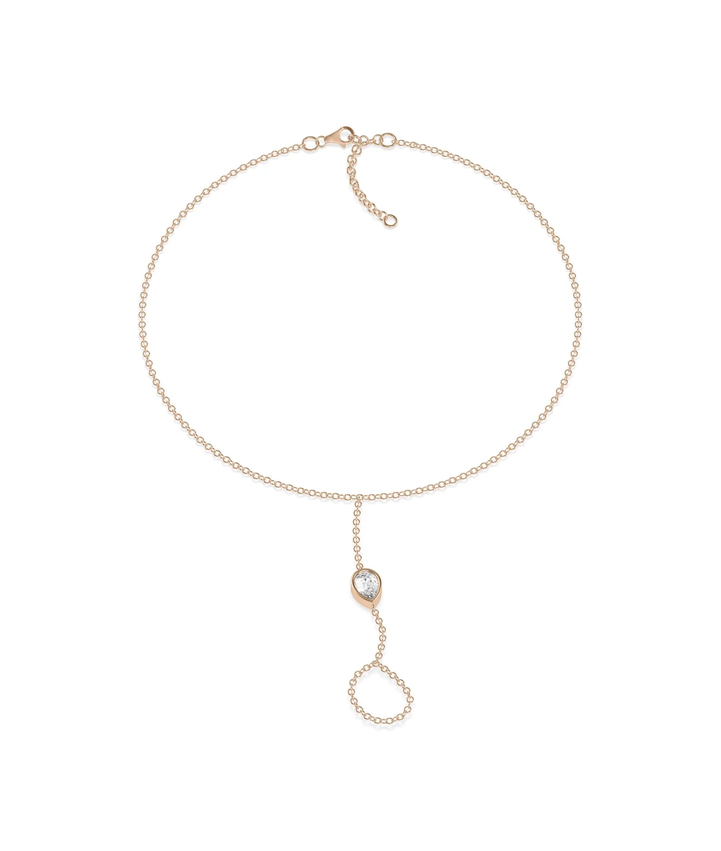 Rose gold Diamond Solitaire Bezel Bracelet Ring with delicate connecting chains