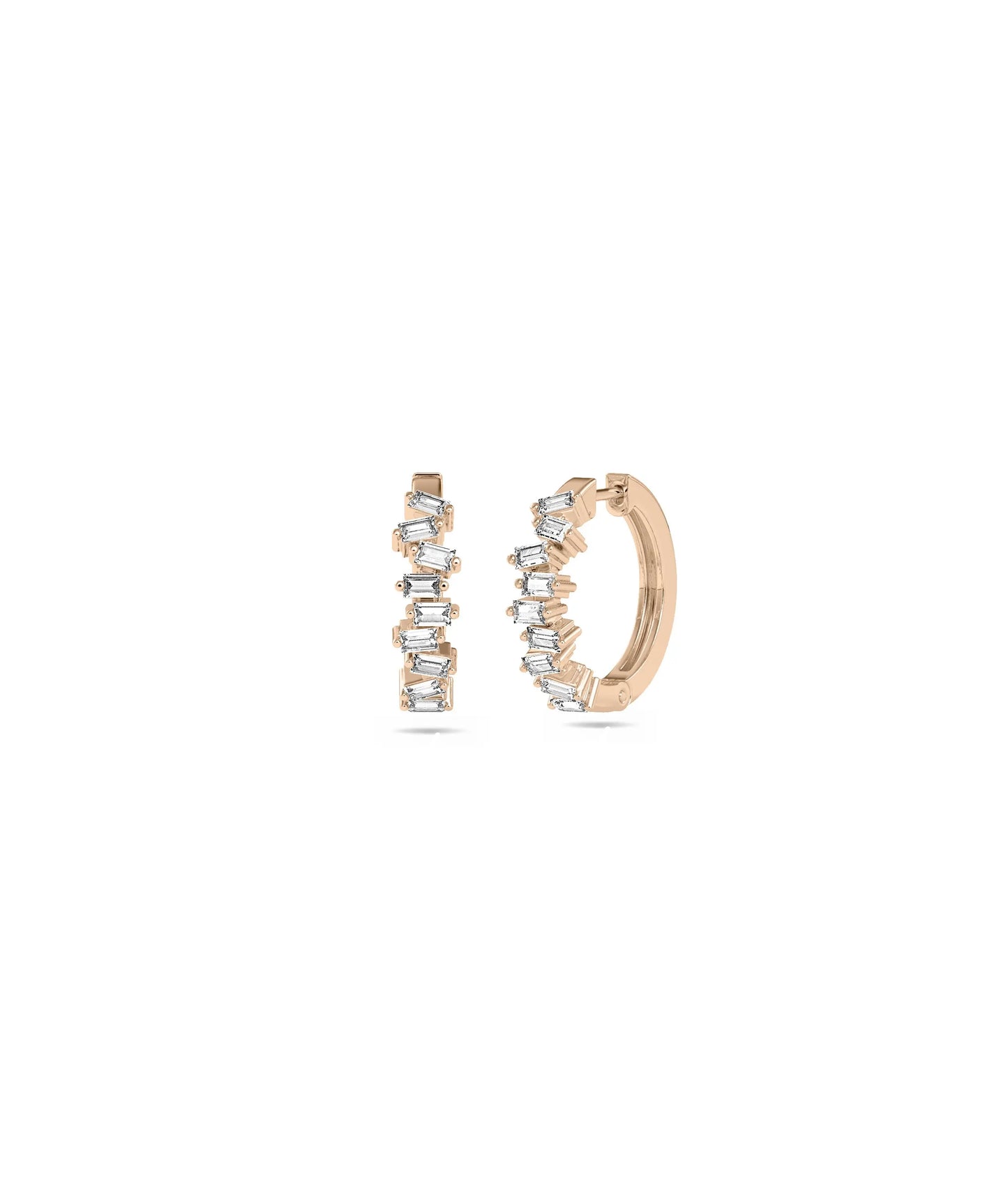 Rose gold baguette hoops featuring linear diamond arrangement and chic elegance