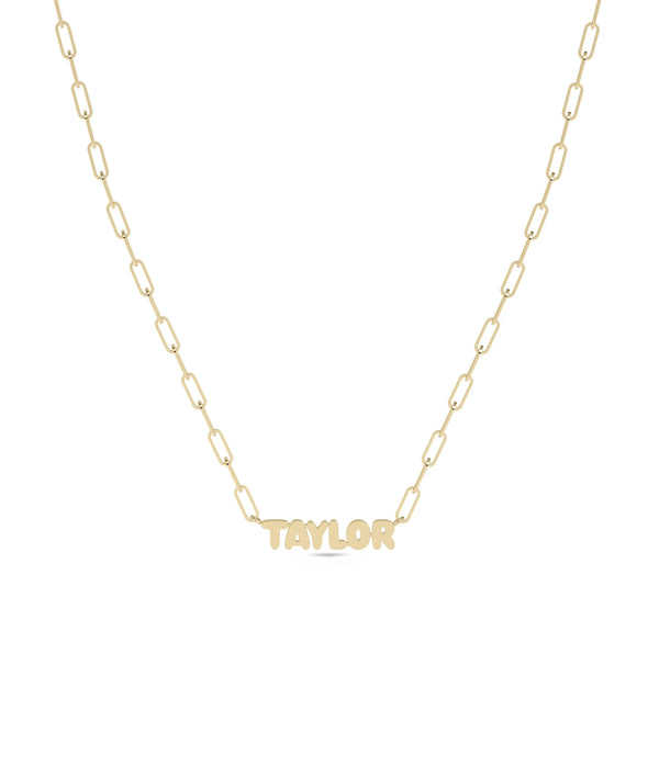Custom Gold Name Paper Clip Chain Necklace in yellow gold with personalized engraving