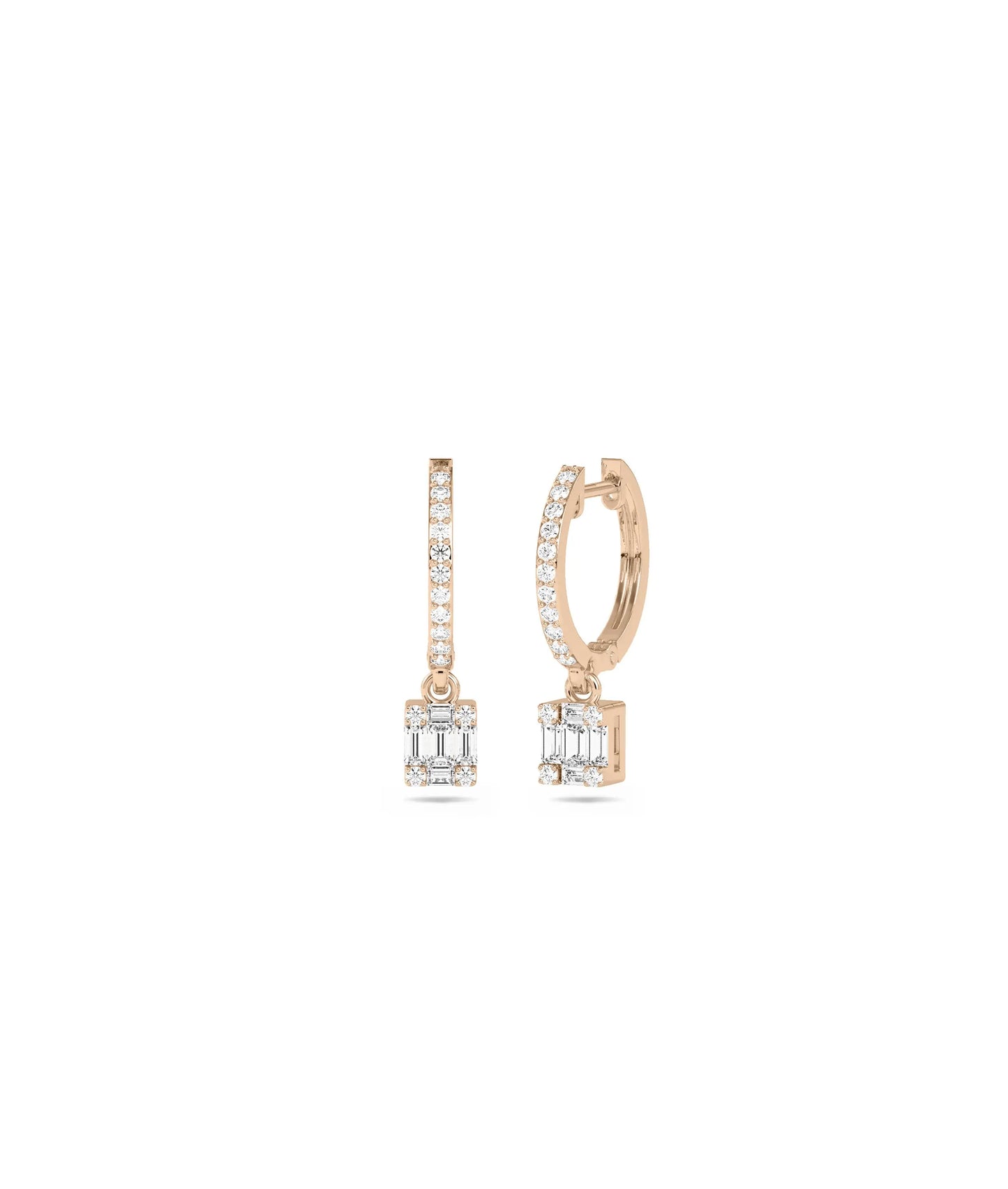 Rose gold hoop earrings featuring illusion-set dangle and graceful movement design