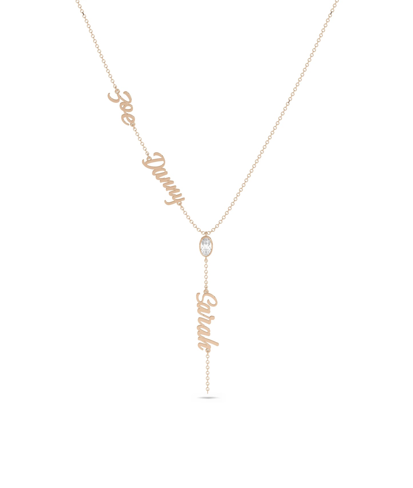 Rose gold Custom 3 Name Y Shape Solitaire featuring sparkle