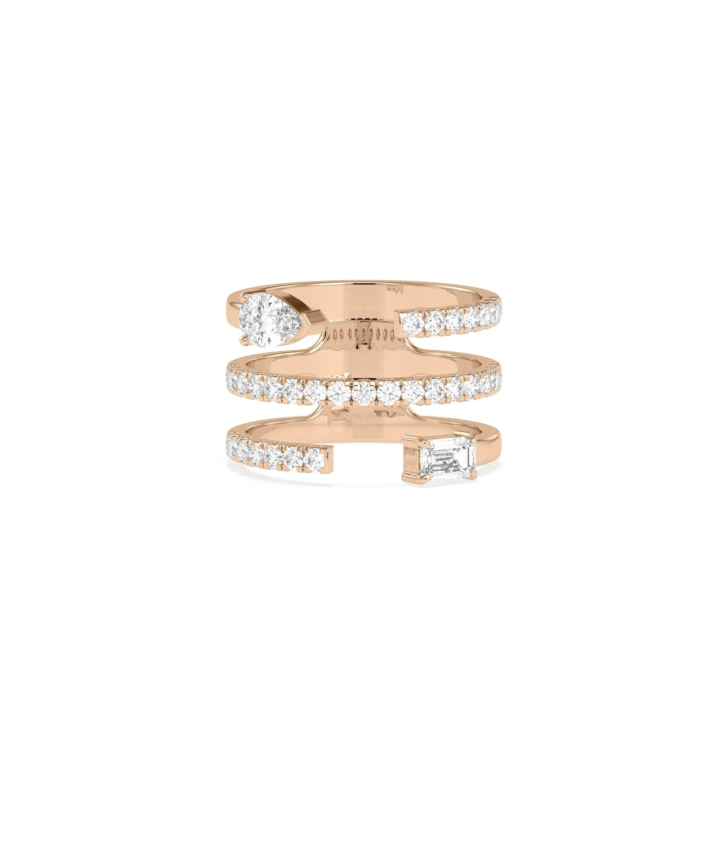 Rose gold 3 Row Diamond Pave and Solitaire Band Ring with pavé diamonds