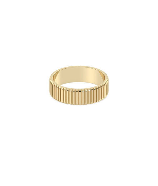 Fluted band ring side view displaying dimensional ridged texture detail alternate view