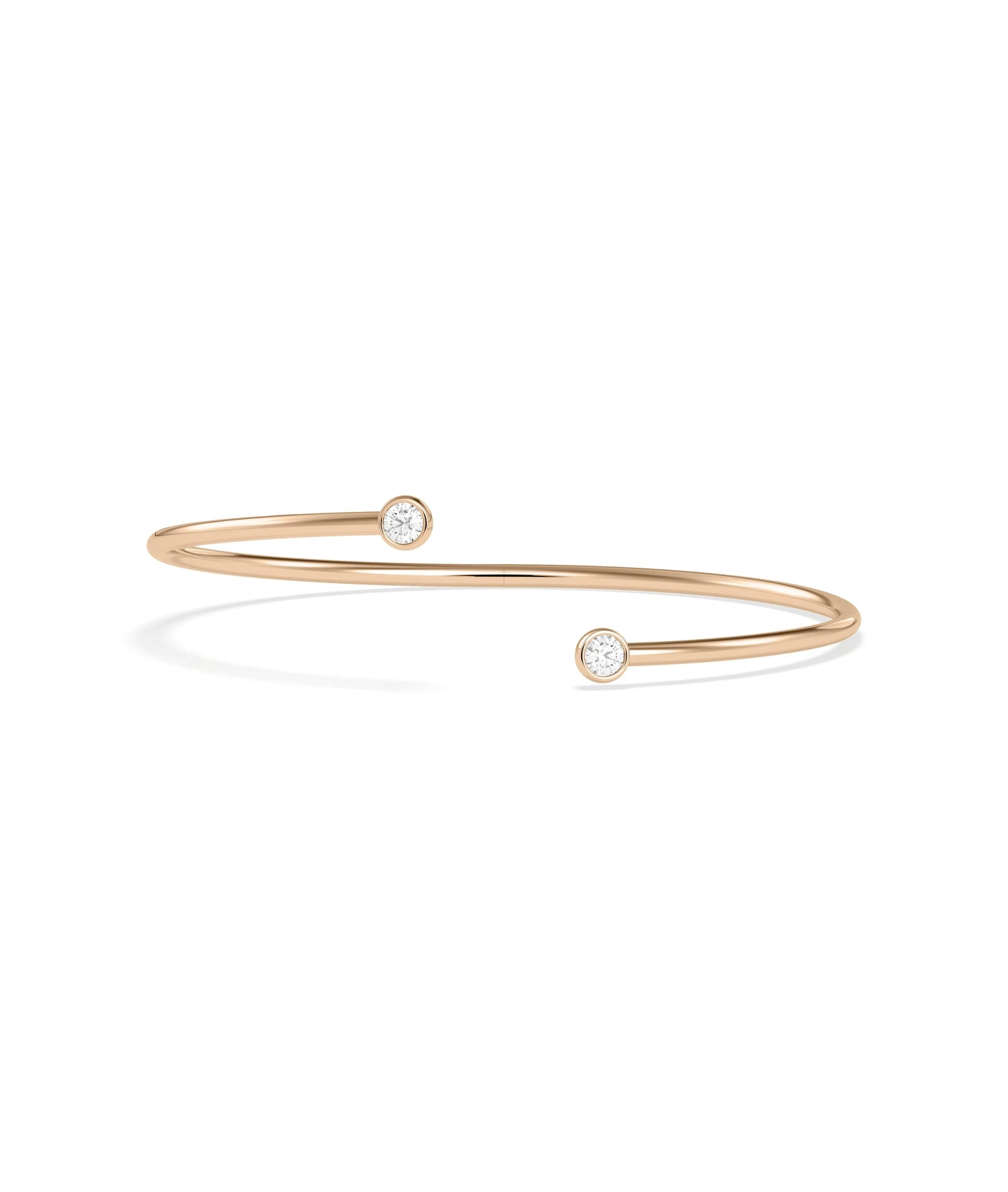 Gold flex bangle two bezel diamonds profile angle showing adjustable construction design