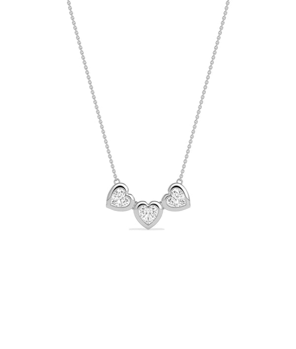 Three heart diamond necklace bubble bezel settings solid gold chain closeup detail alternate view