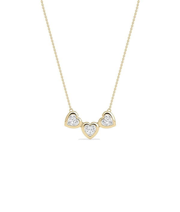 Bubble Three Hearts Necklace with heart shaped diamonds on gold cable chain pendant