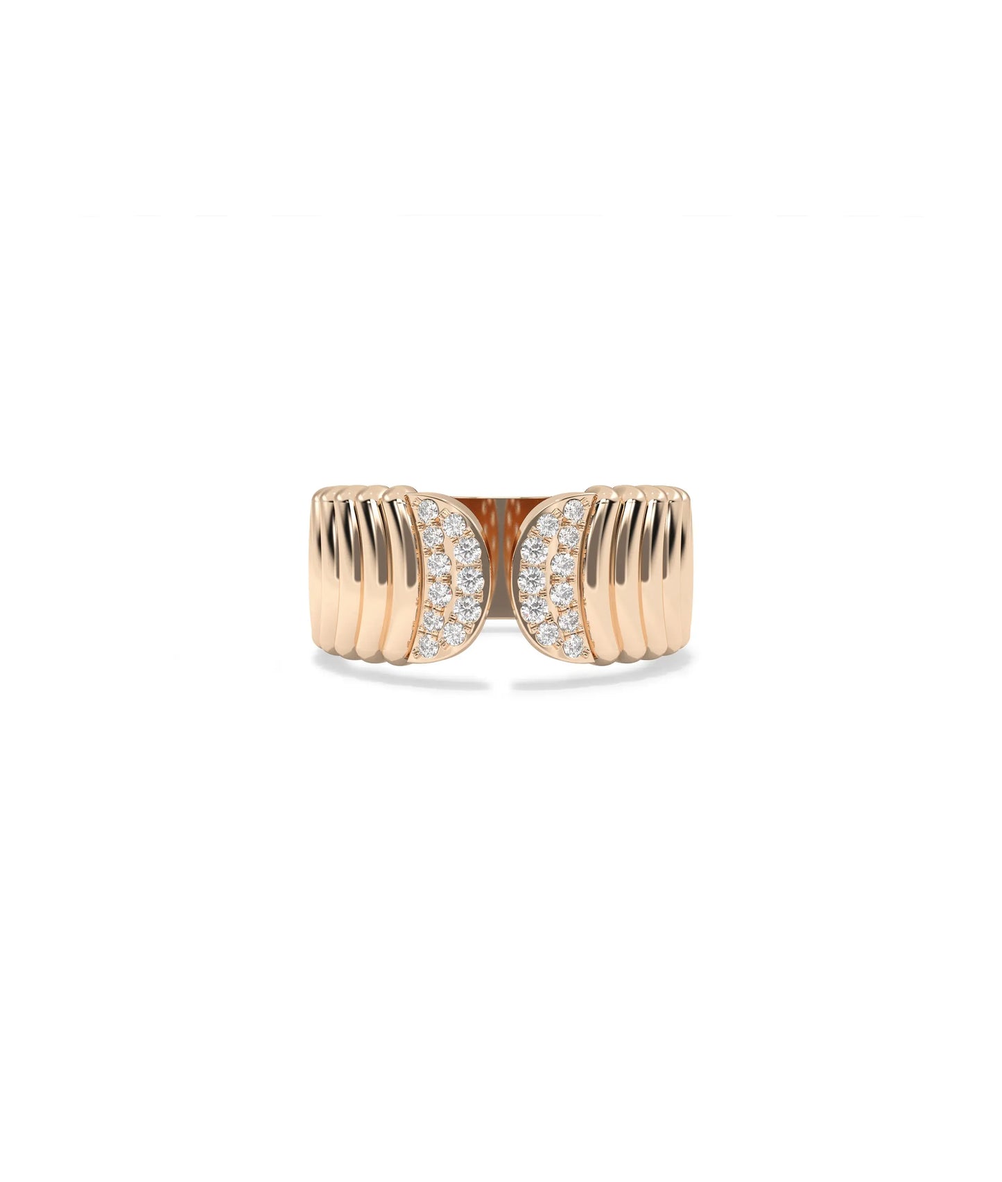Rose gold Diamond Pave and Fluted Split Wide Band Ring with pavé diamond setting
