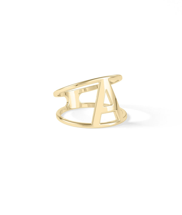 Side view of Large Gold Initial Ring highlighting dimensional letter design alternate view