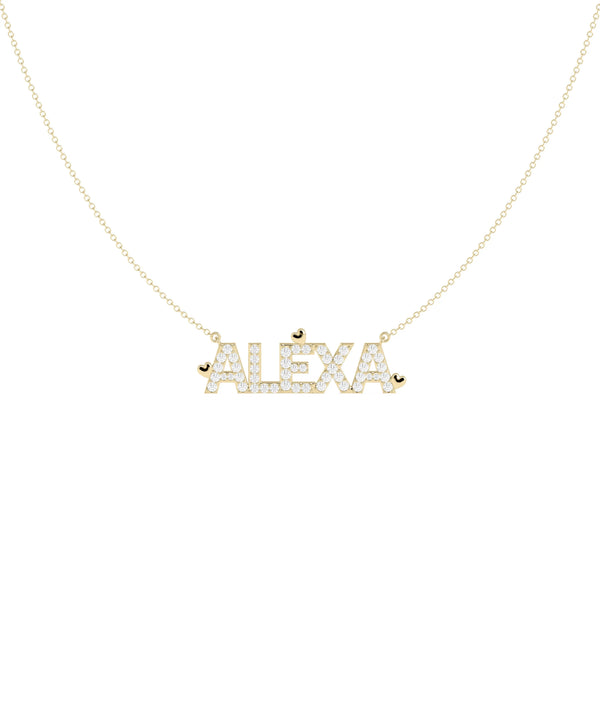 Diamond Name with Gold Hearts Name Necklace featuring sparkling personalized letters