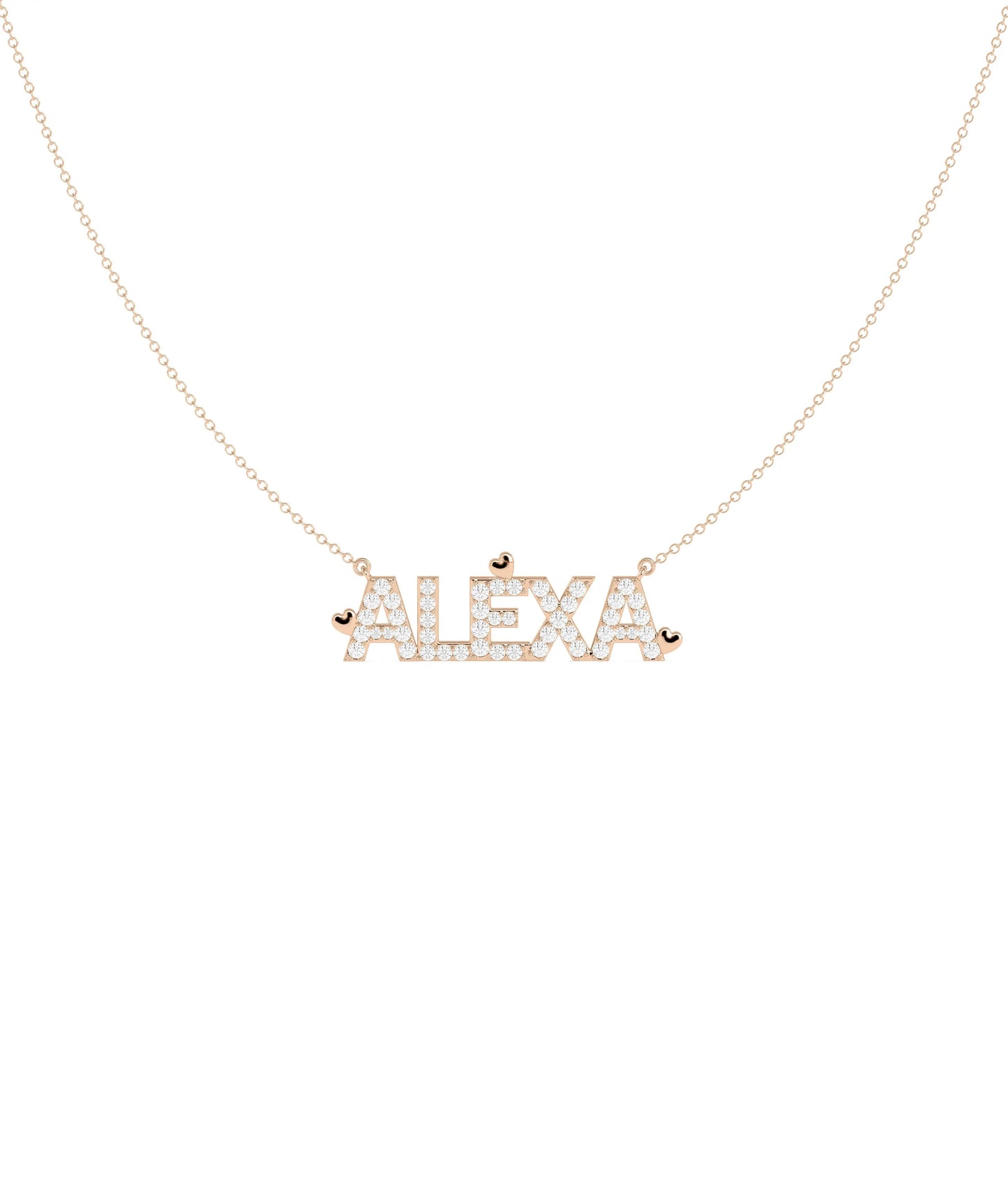 Diamond Name with Gold Hearts Name Necklace worn at collarbone displaying customization