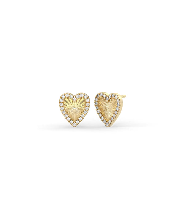 Fluted Heart Stud Earrings front view yellow gold with diamond hearts