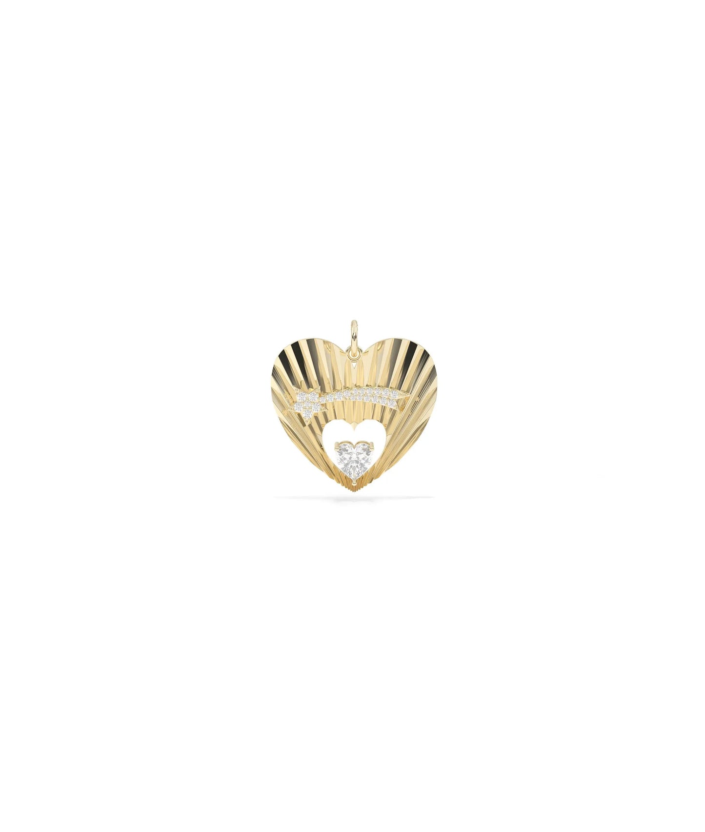 Fluted shooting star heart charm front view in yellow gold with solitaire center