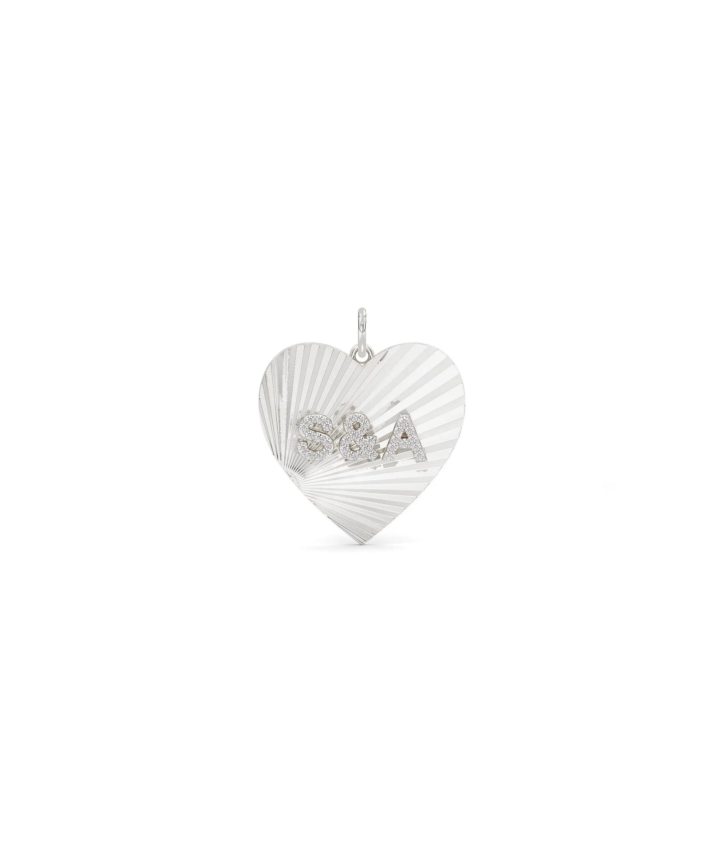 White gold fluted initials heart charm with personalized initials and elegant detail