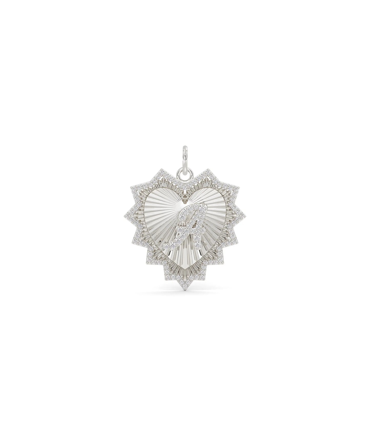 White gold fluted initials heart charm with couples initials and romantic design