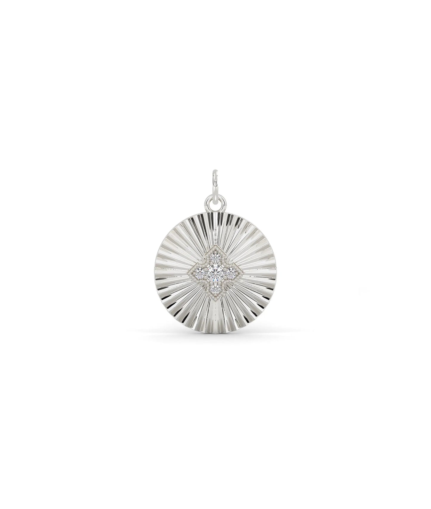 White gold fluted circle charm with sophisticated circular shape and texture
