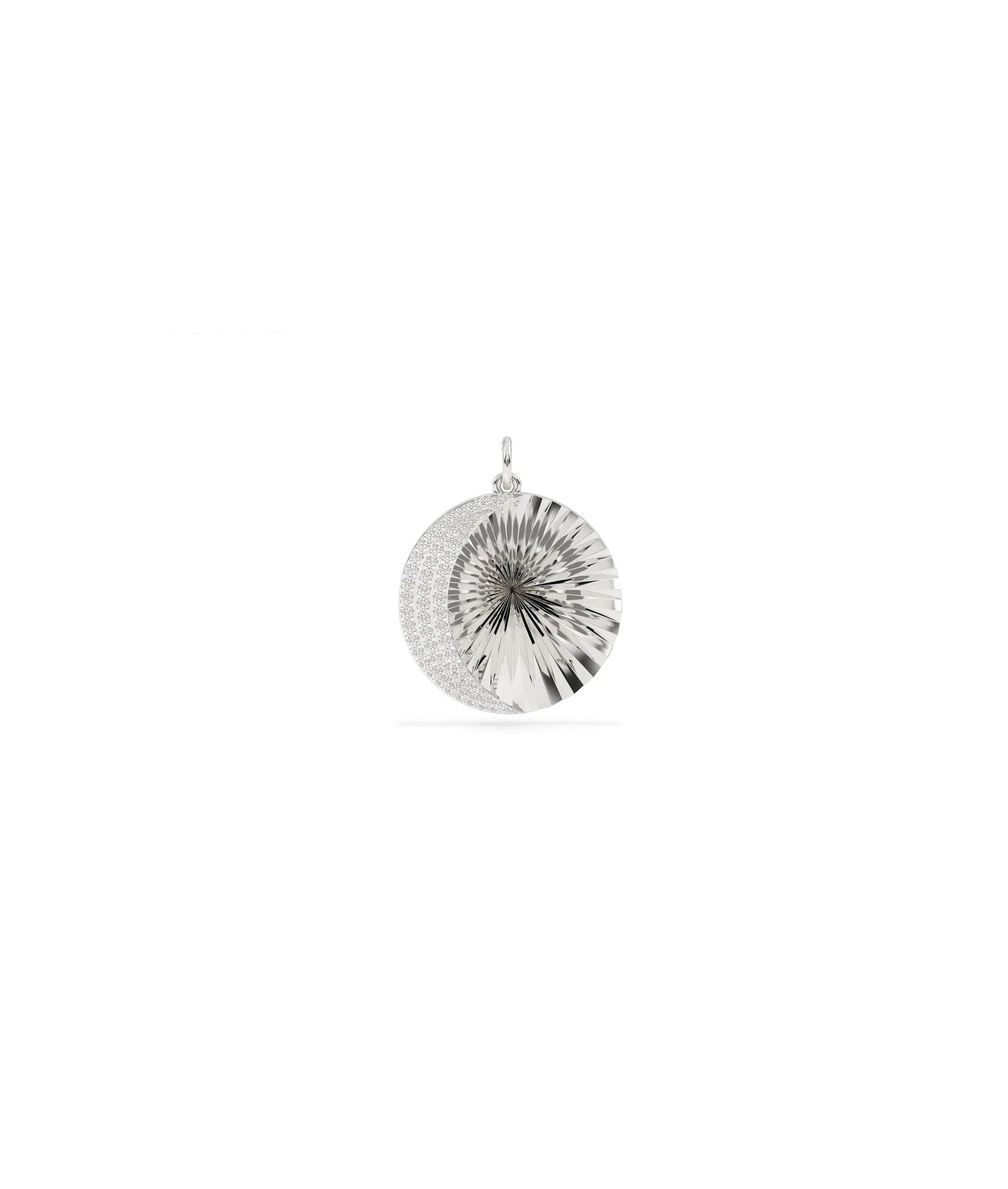 White gold fluted crescent charm with celestial moon symbol and diamond sparkle