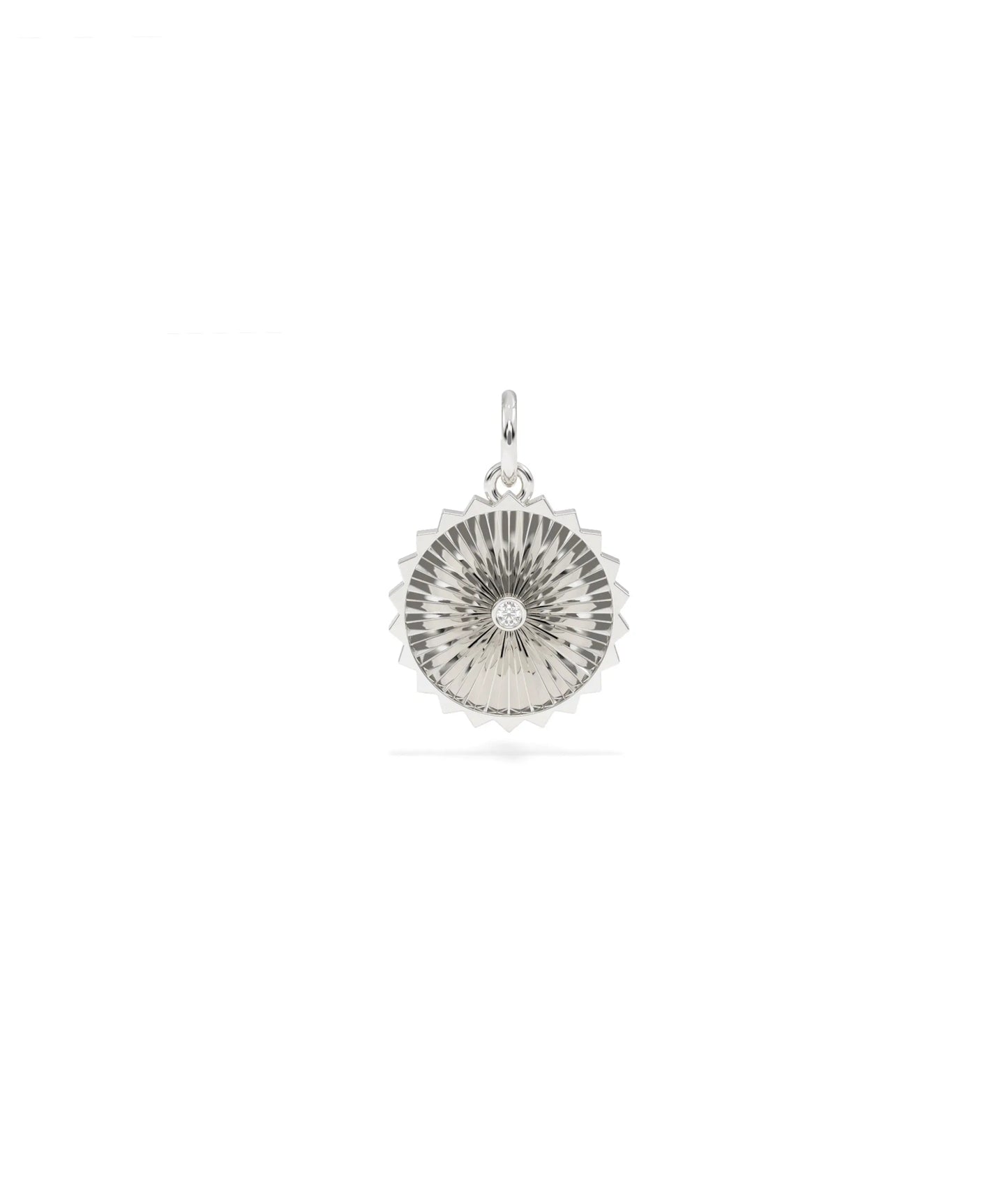 White gold fluted circle charm with understated circular shape and texture
