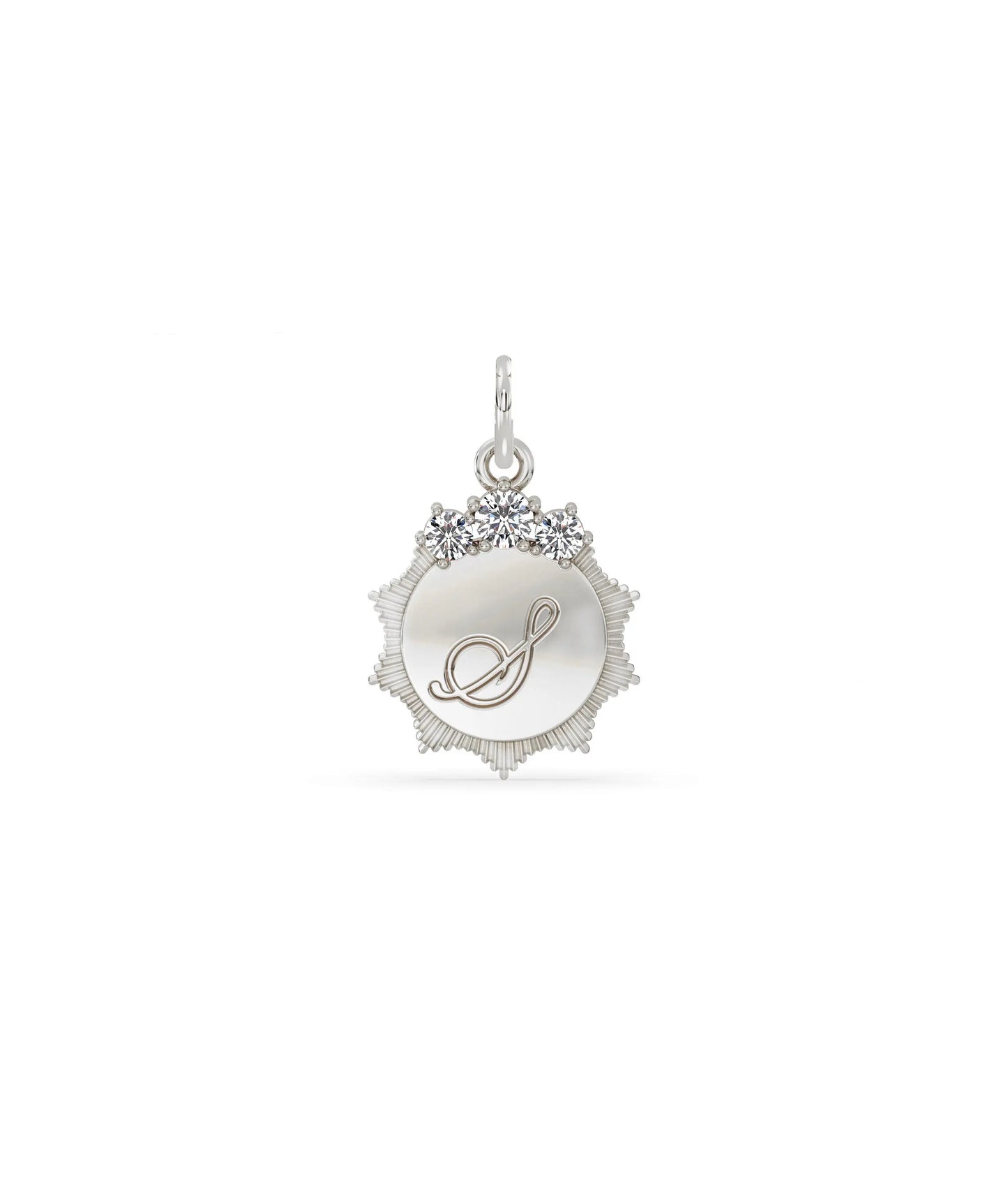 White gold fluted engraved initial charm with custom engraving and diamonds