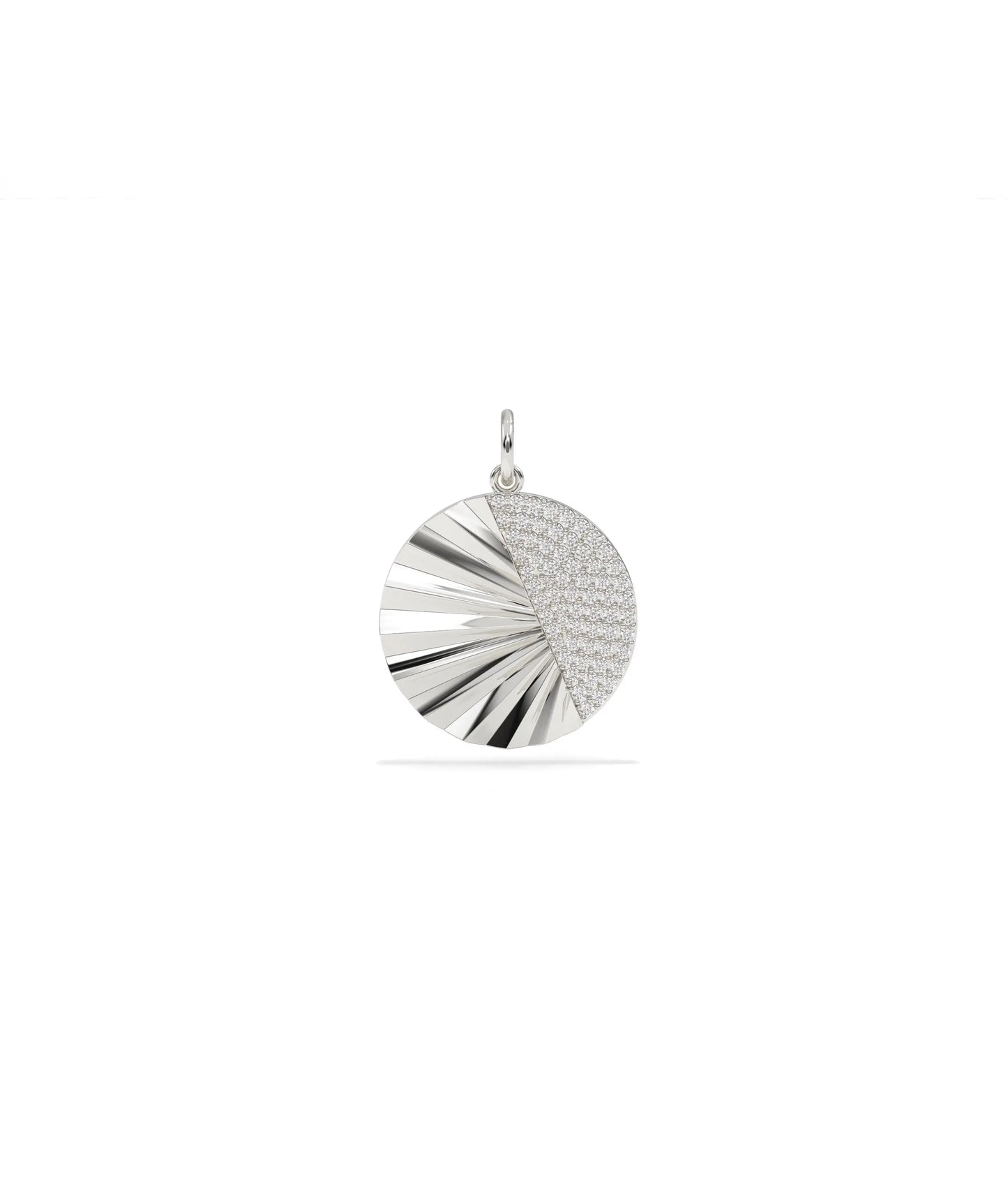 White gold fluted half moon charm with lunar symbol and textured surface