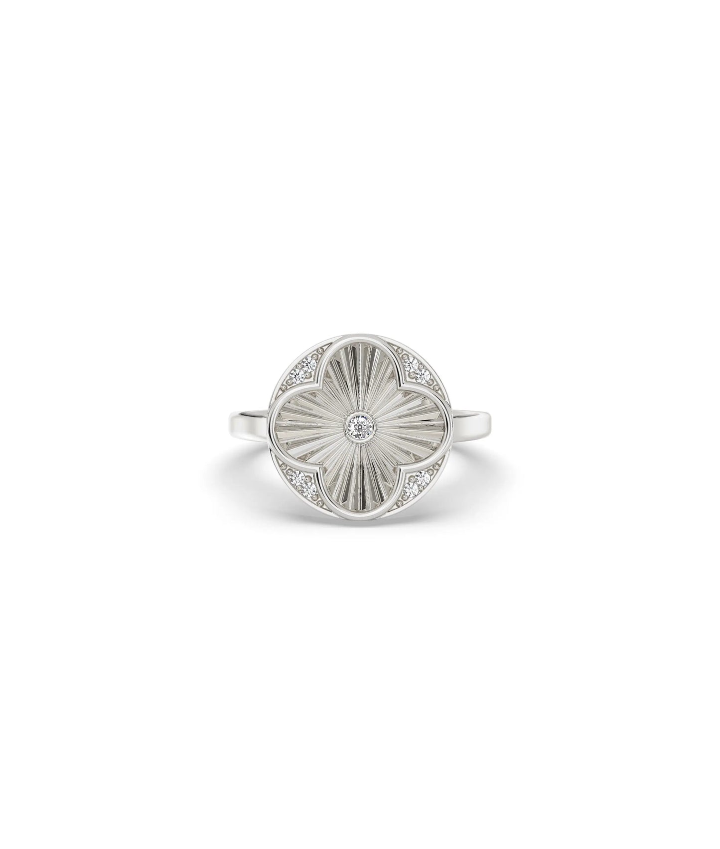 White gold fluted clover diamond ring lucky charm with fluted texture