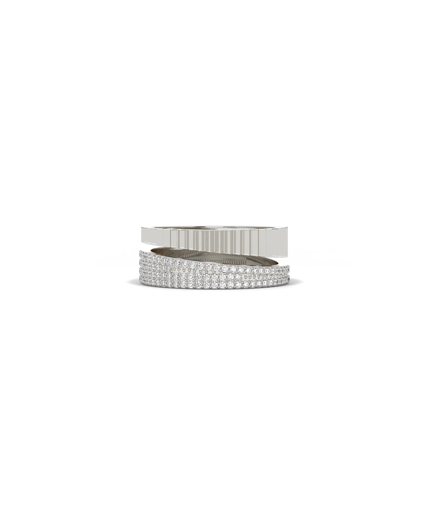 White gold fluted bypass ring with brilliant diamonds and architectural grooves