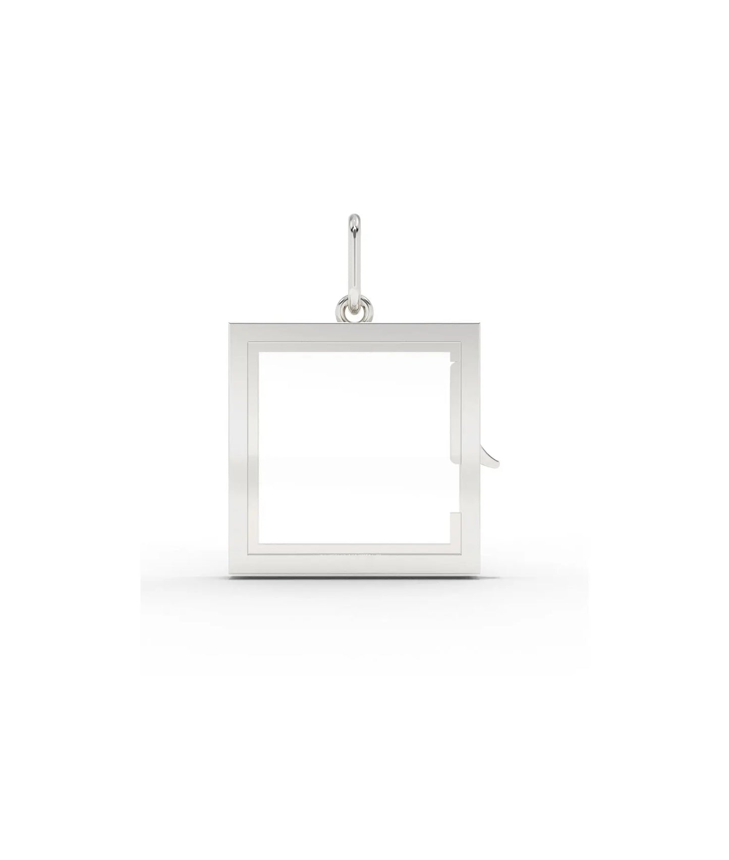 White gold square glass locket charm with transparent glass panel design