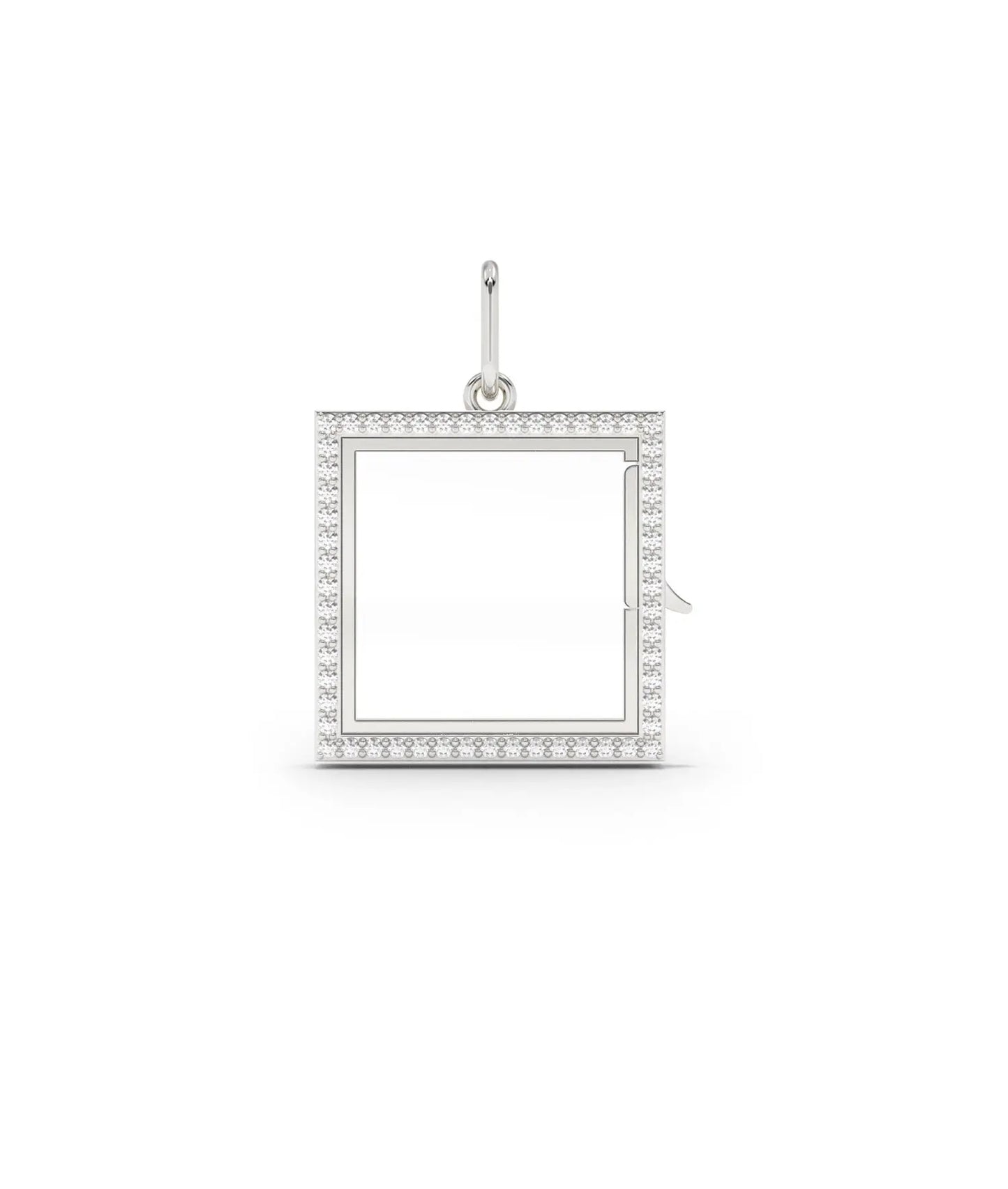 White gold diamond square glass locket charm with brilliant diamond setting