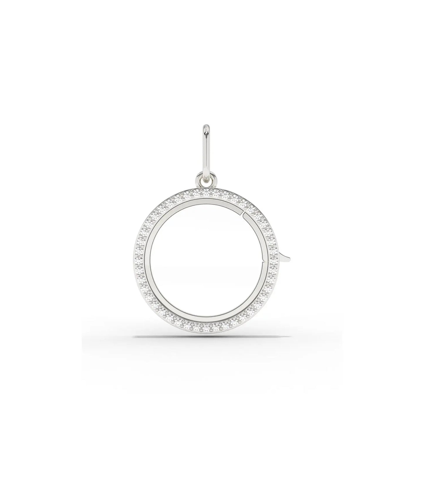 White gold diamond circle glass locket charm with sparkling circular diamond border