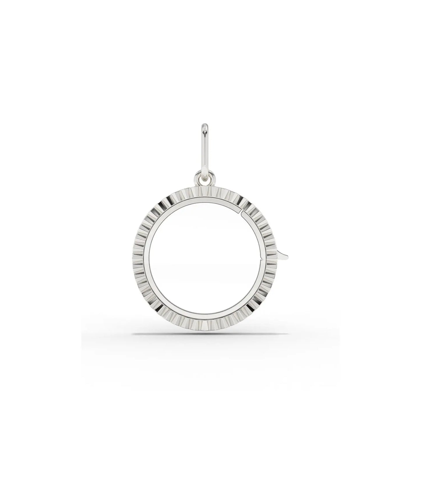White gold fluted circle glass locket charm with dimensional fluted pattern