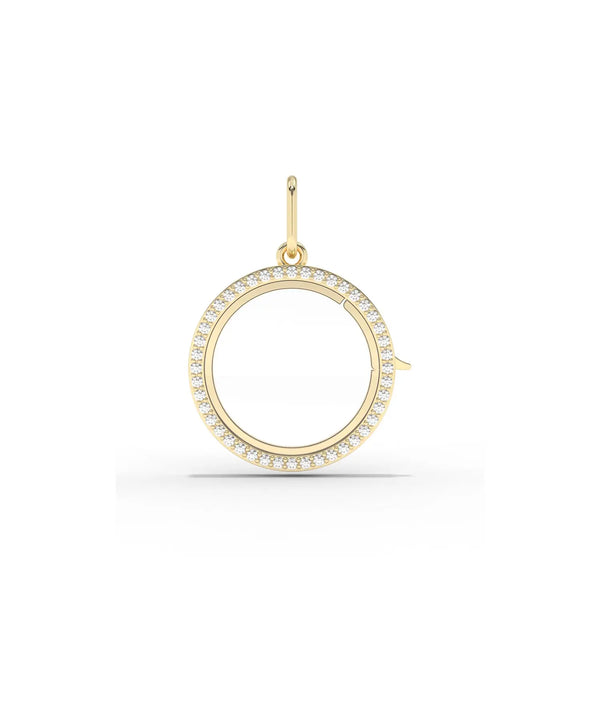 Diamond circle glass locket charm front view in yellow gold with brilliant diamonds alternate view