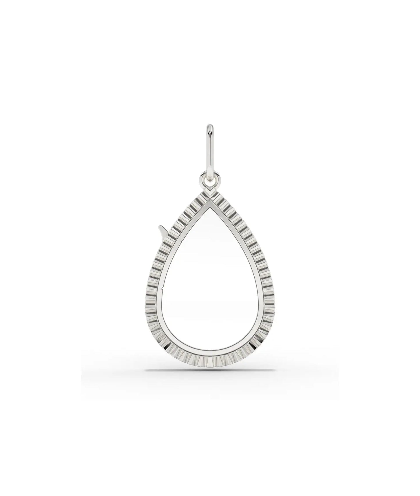 White gold fluted pear shape glass locket charm with grooved texture