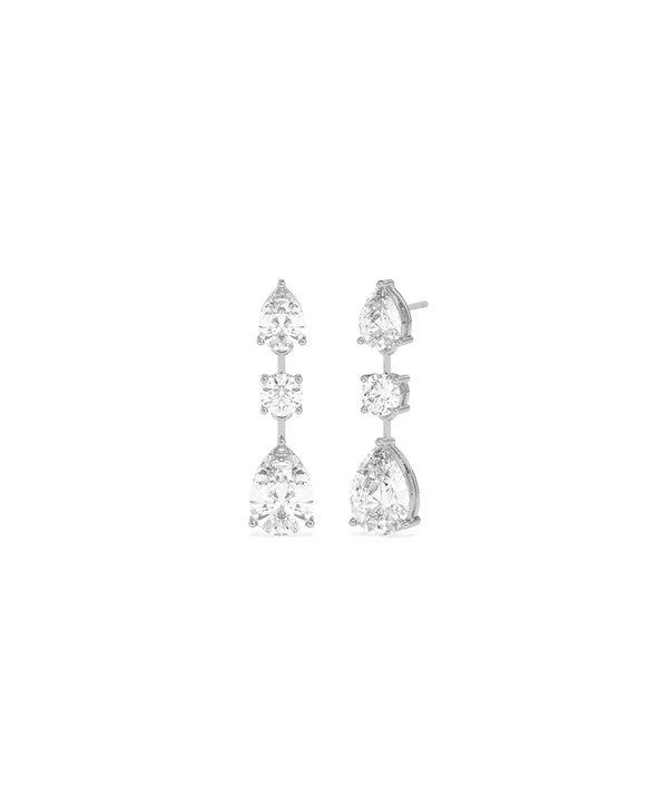 Close-up of Solitaire 3 Stone Dangle Earrings showing vertical arrangement alternate view