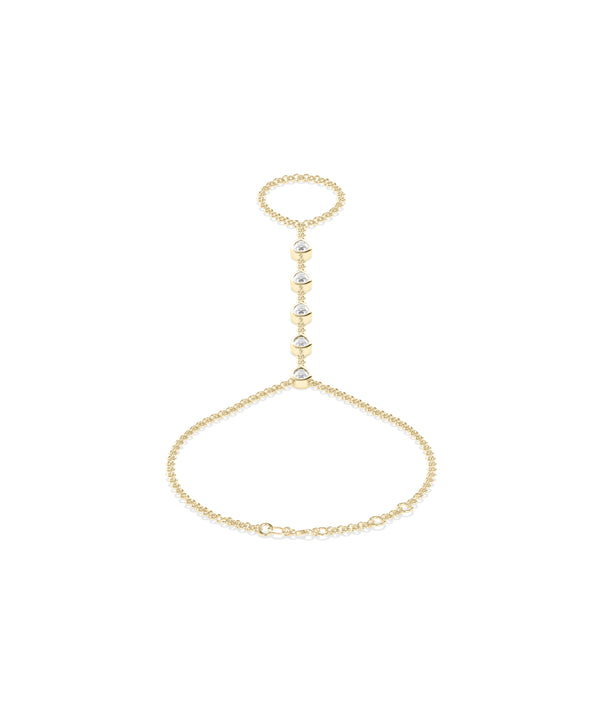 Yellow gold chain hand bracelet with finger ring and five bezel-set crystal stations