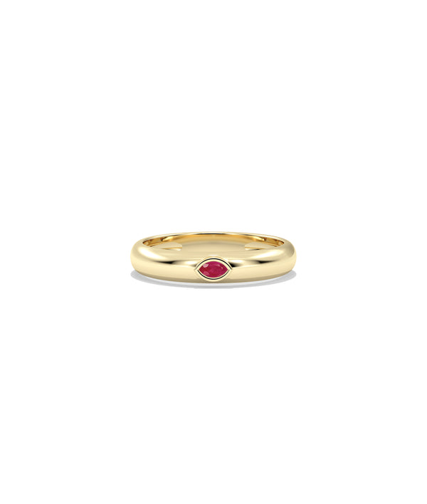 14K solid yellow gold band ring with bezel-set marquise ruby gemstone