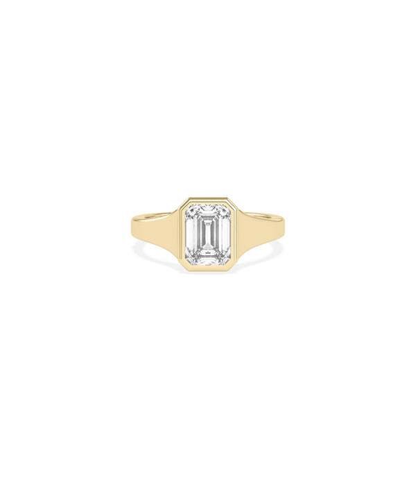 Bezel signet emerald cut lab diamond ring in 14K yellow gold